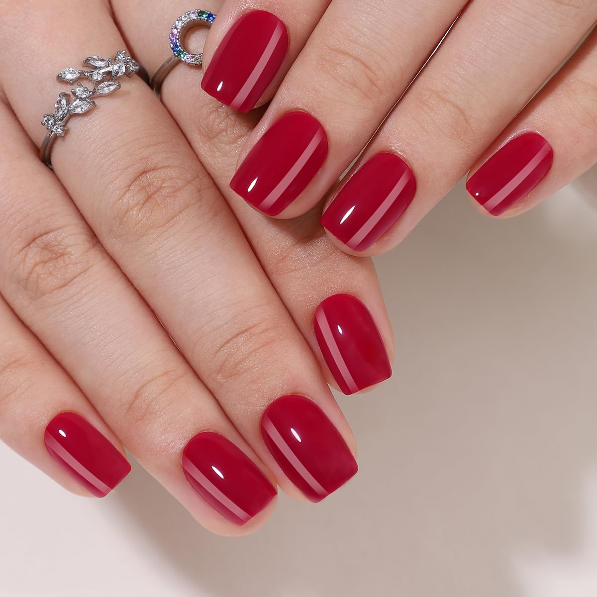Dark Red Press On Nails Short Square - Glossy Fake Nails with Adhesive | Reusable Soft Gel False Nails for Women | Perfect for Parties, Weddings & Everyday Wear