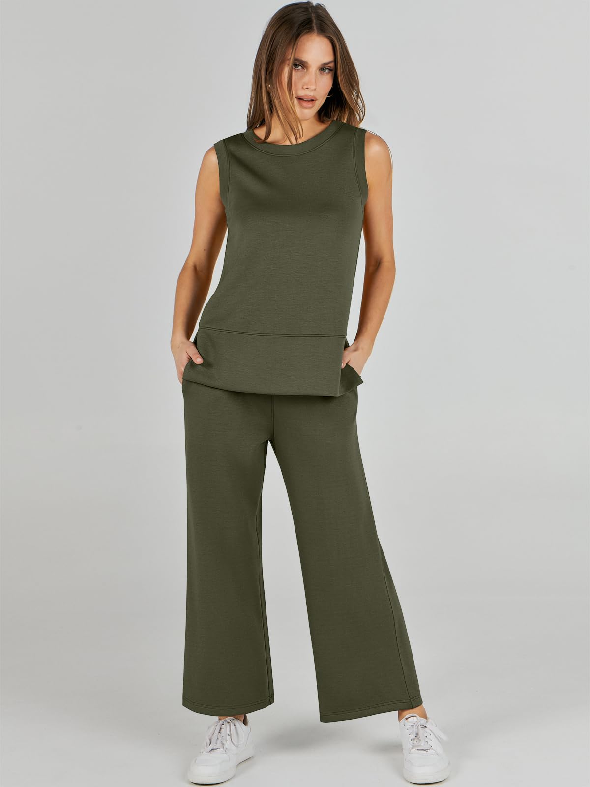 ANRABESS Women's 2 Piece Summer Outfit Set - Sleeveless Top & Wide Leg Pants Casual Lounge Sweatsuit for Yoga, Running, Travel & Home Wear