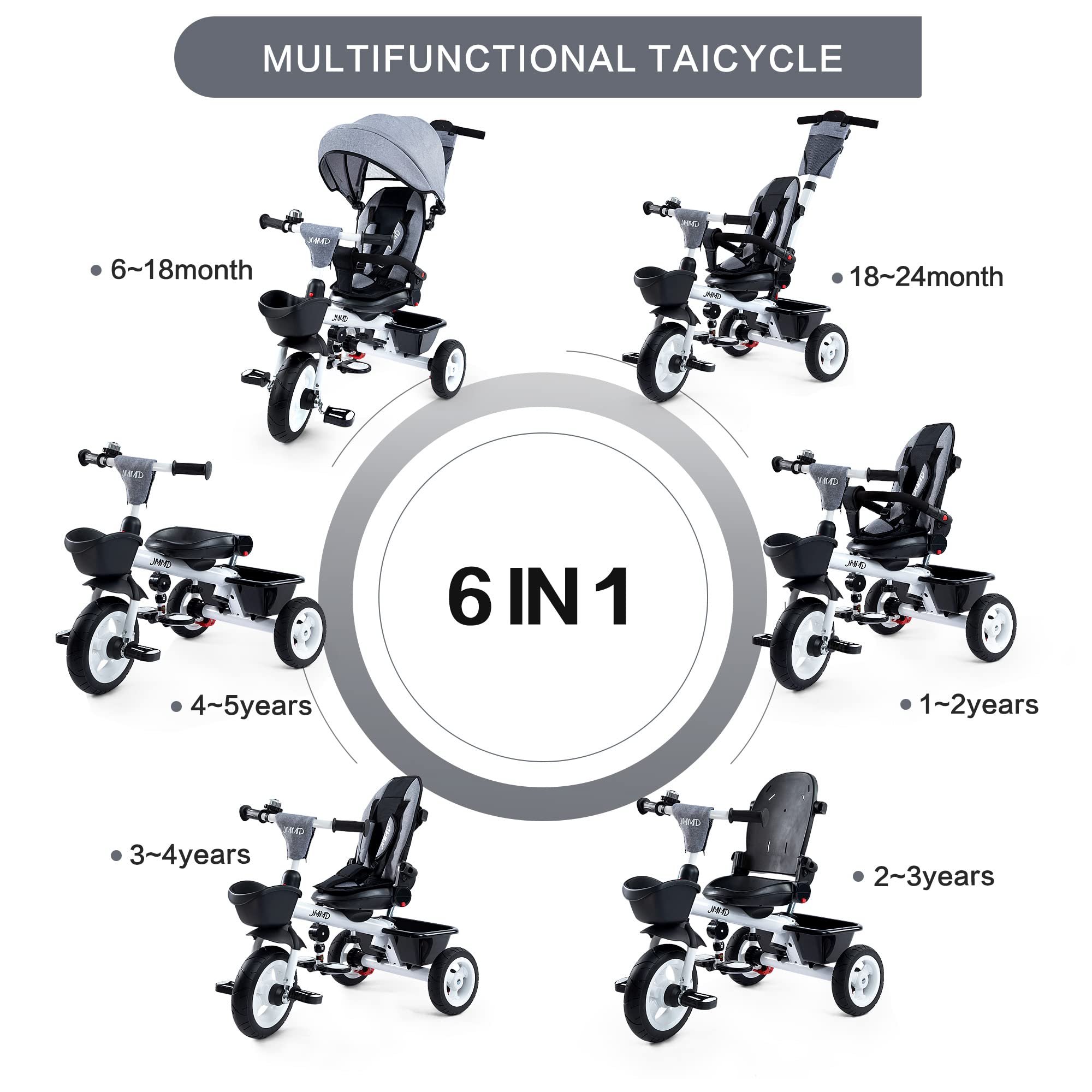 JMMD 6-in-1 Adjustable Baby Tricycle with Push Handle & Safety Harness - Convertible Toddler Trike with Removable Canopy for Kids 18 Months to 5 Years (Gray) - Perfect for Outdoor Play, Park Rides & Learning to Cycle