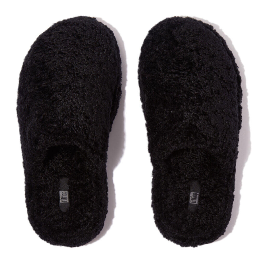 FitFlop iQushion D Luxe Teddy Slippers for Women - Soft Memory Foam Mule Slides with Arch Support - All Black House Shoes for Indoor/Outdoor Comfort & Relaxation