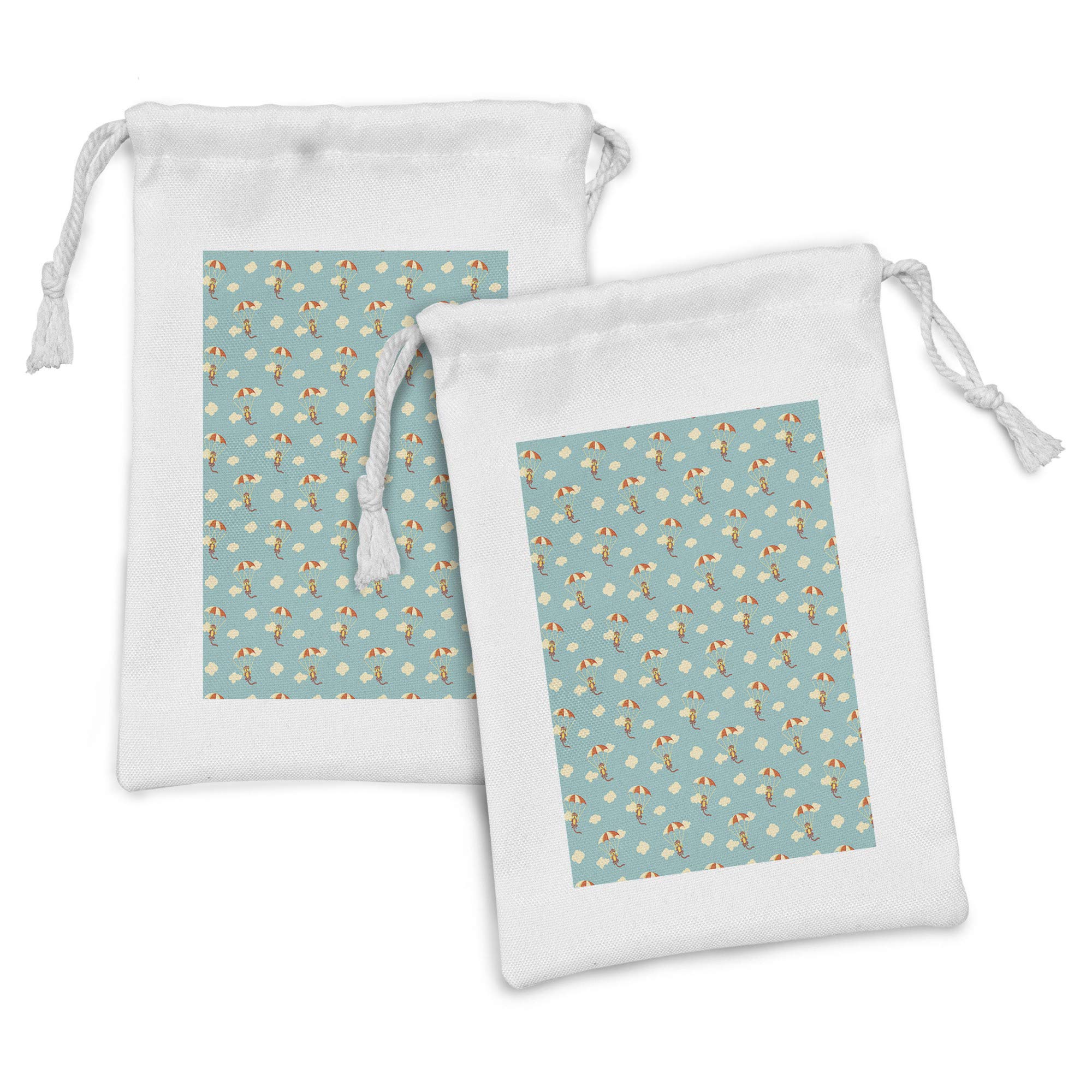Ambesonne 2-Pack Monkey Drawstring Pouch Set - Pastel Tone Fabric with Rhythmic Monkeys & Parachutes Design - 9