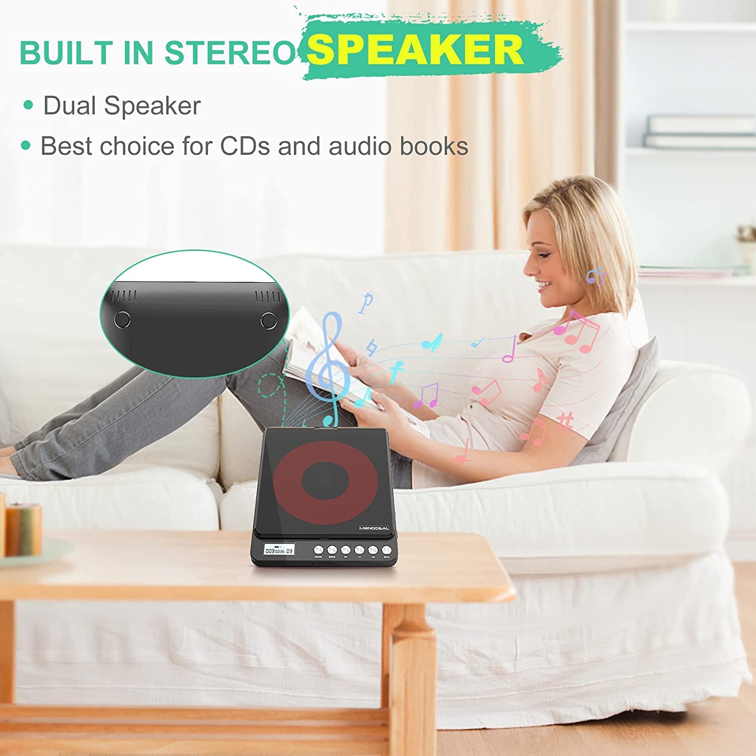 Portable CD Player with Built-in Speakers & Rechargeable Battery - Anti-Skip Shockproof Personal CD Player with Dual 3.5mm Headphone Jacks & LCD Display - Perfect for Home, Car, Travel, Workouts and Outdoor Activities
