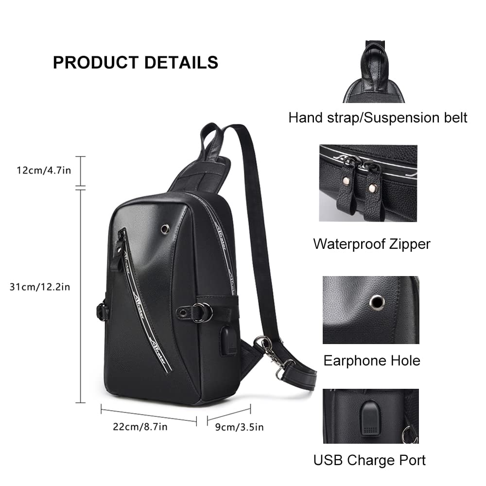 **Men's & Women's Crossbody Sling Backpack – Faux Leather Chest Bag for Hiking, Walking, Cycling, Travel – USB Charger Port – Perfect for Outdoor Adventures & Daily Commute**