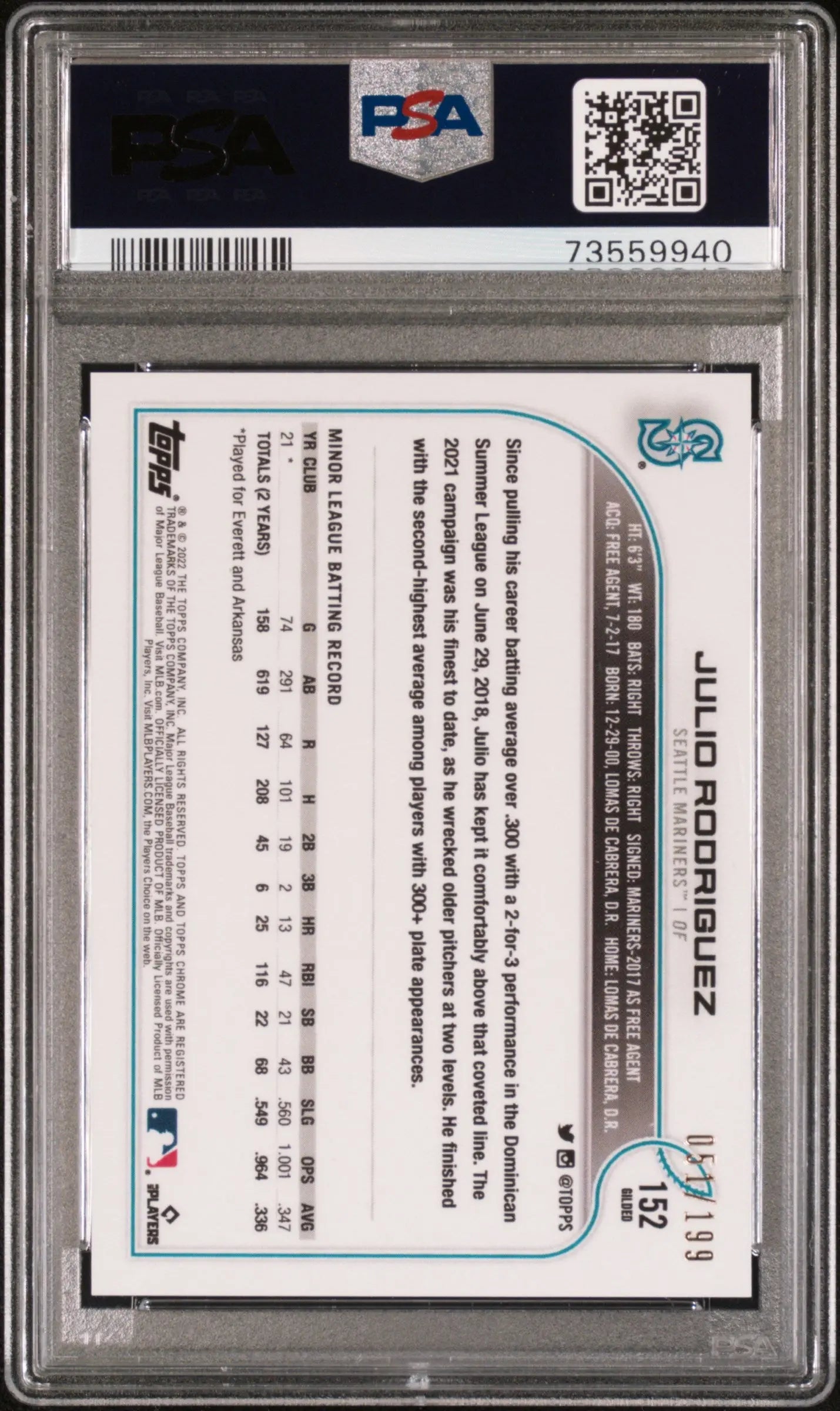 2022 Topps Gilded Collection Julio Rodriguez RC Rookie Gold PSA 10 /199 - Rare Baseball Card for Collectors & Investors - Perfect for Sports Memorabilia Displays & Trading