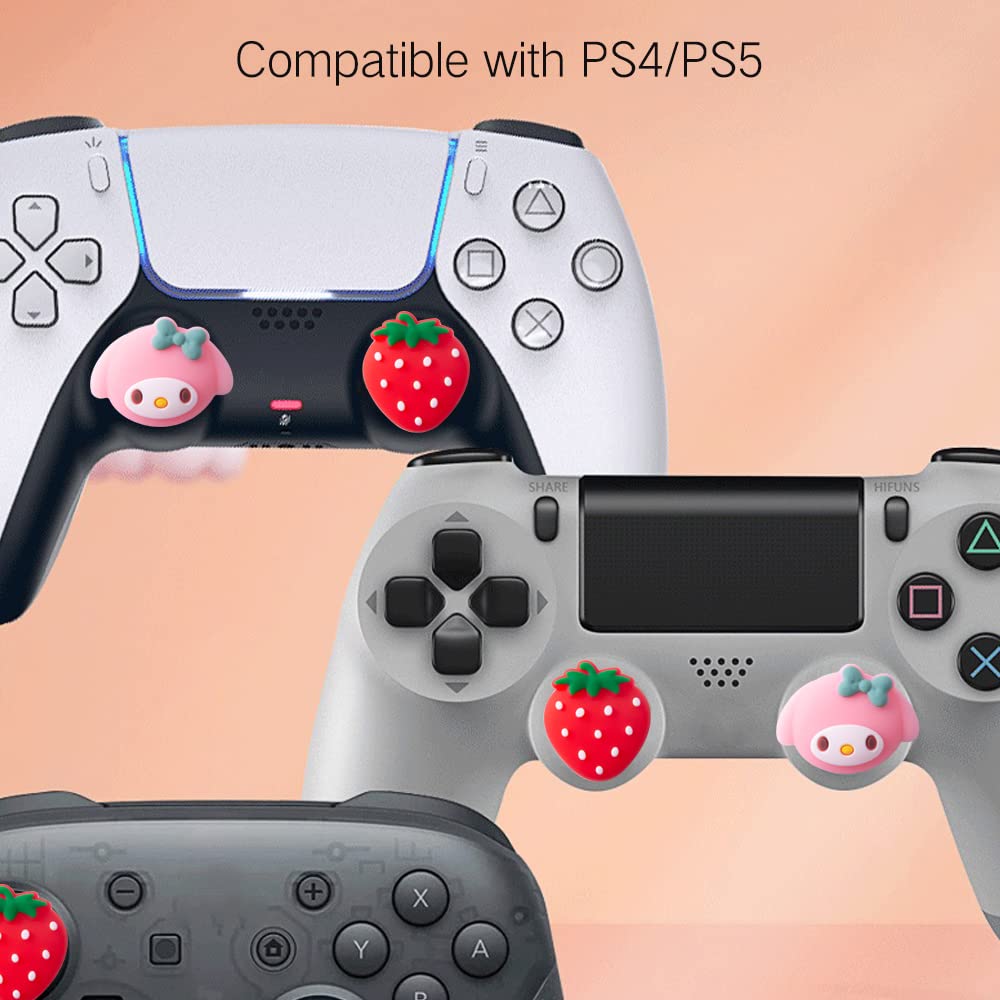 PERFECTSIGHT Cute Thumb Grip Caps for PS5, PS4, Xbox Series X/S, Xbox One, Switch PRO Controller - 4PCS Soft Skin Rubber 3D Analog Thumbsticks Grips Joystick Cover (Strawberry Design) - Enhance Gaming Comfort & Grip for Long Play Sessions