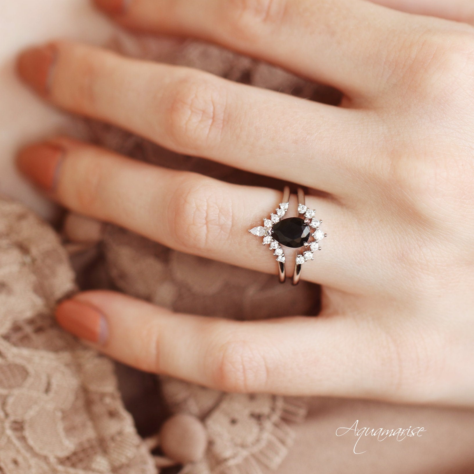 Lunette Black Diamond Ring Set - Sterling Silver Women's Jewelry for Engagement, Wedding & Anniversary Gifts | Elegant Stackable Rings for Everyday Wear