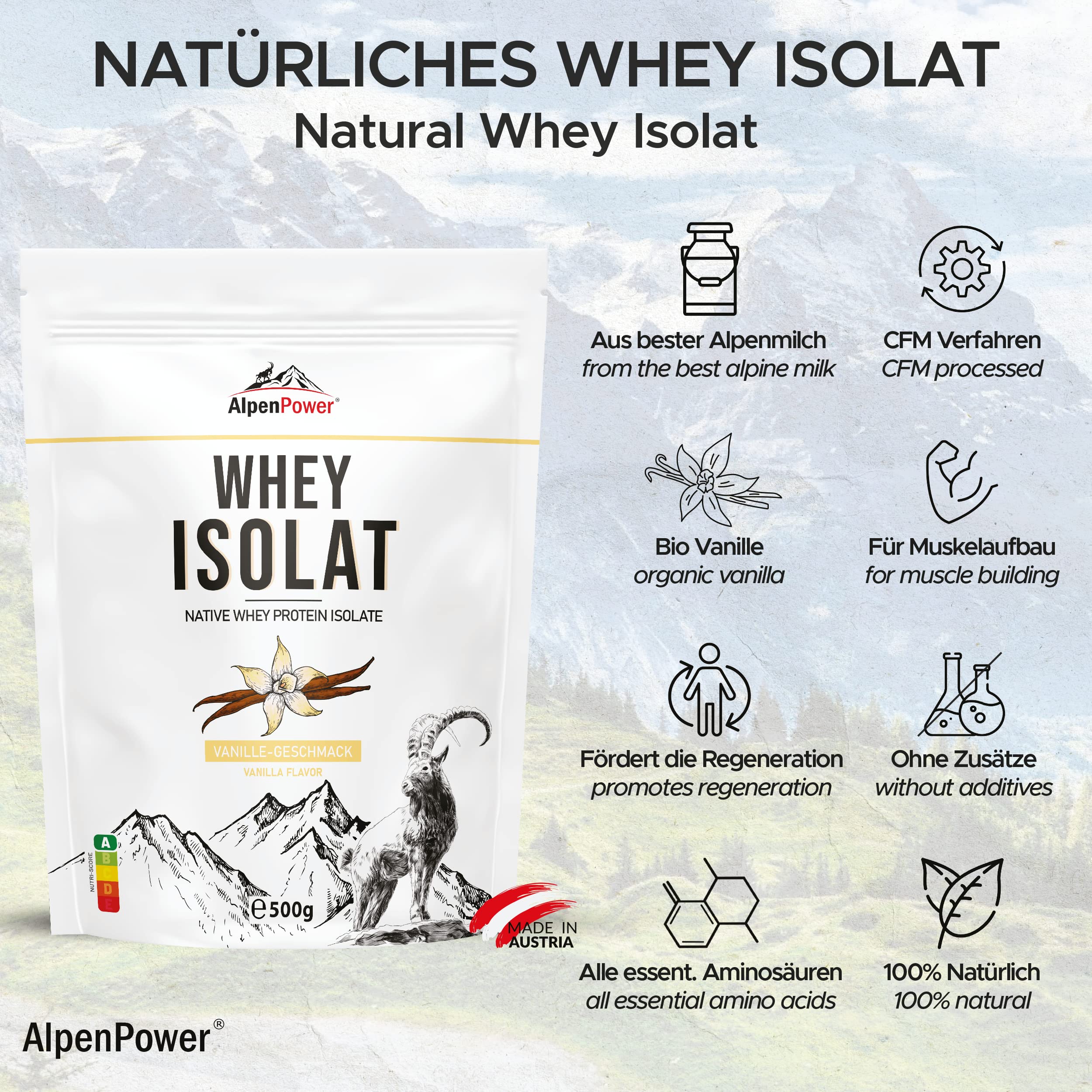 AlpenPower Native Whey Protein Isolate Vanilla 500g - 100% Natural Whey Protein Powder from Alpine Milk, No Artificial Sweeteners, High-Quality CFM Protein for Muscle Recovery & Post-Workout - Perfect for Smoothies, Shakes & Fitness Nutrition