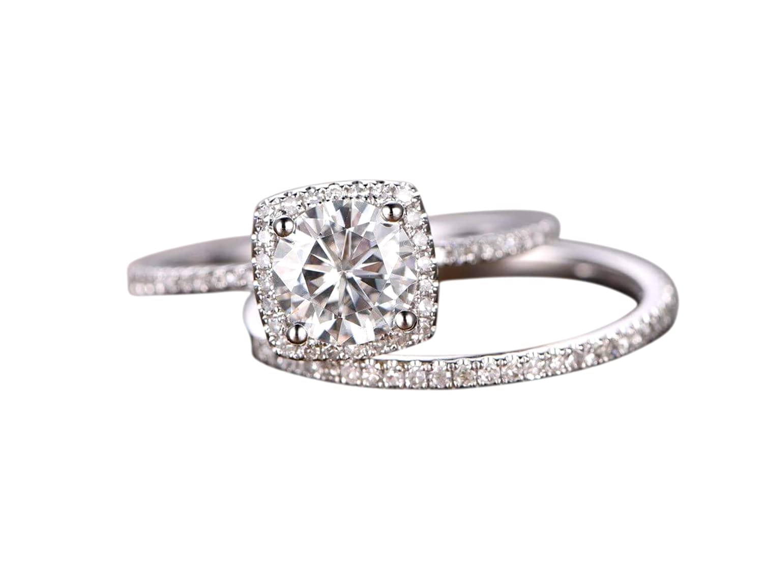 1.50 Carat Halo Moissanite & Diamond Engagement Ring Set in 14K White Gold - Elegant Wedding Ring Set for Proposal, Anniversary Gift, Bridal Jewelry