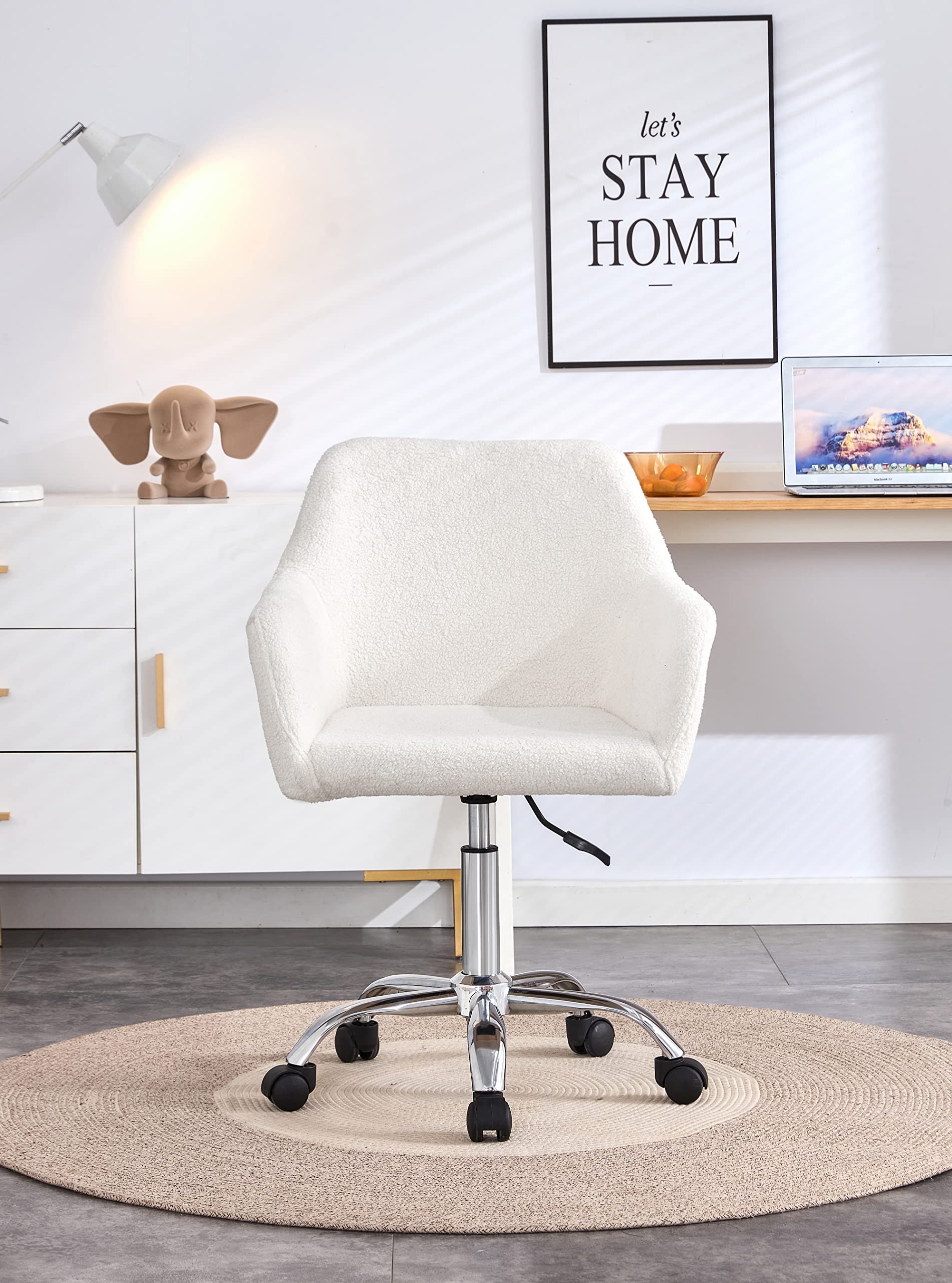HomVent White Faux Fur Swivel Chair with Wheels - Adjustable Height Modern Plush Makeup Vanity Stool, Soft Office Desk Chair for Bedroom, Living Room & Dressing Room - Perfect for Home Decor, Beauty Salon & Cozy Reading Nook