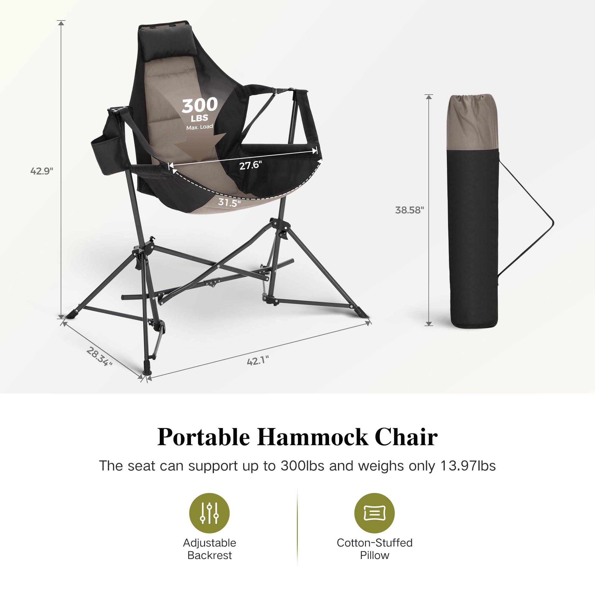 **Portable Hammock Camping Chair with Adjustable Back & Cup Holder - Heavy Duty Folding Outdoor Rocking Chair for Adults - Perfect for Backyard, Beach, Camping & Patio Relaxation - Black**