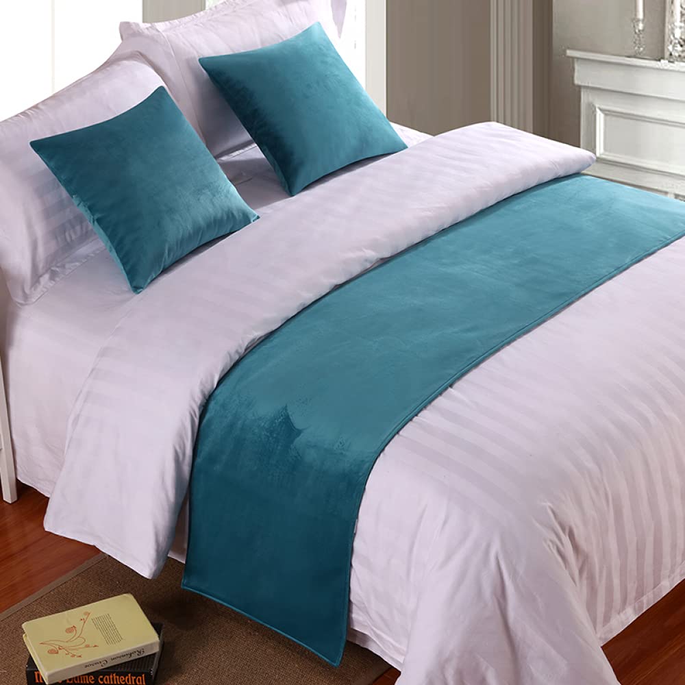 Soft Faux Velvet Bed Runner - Modern King Size Bedspread Coverlet for Home & Hotel Decor - Blue Luxury Bed Scarf Protector for Master Bedroom & Guest Room