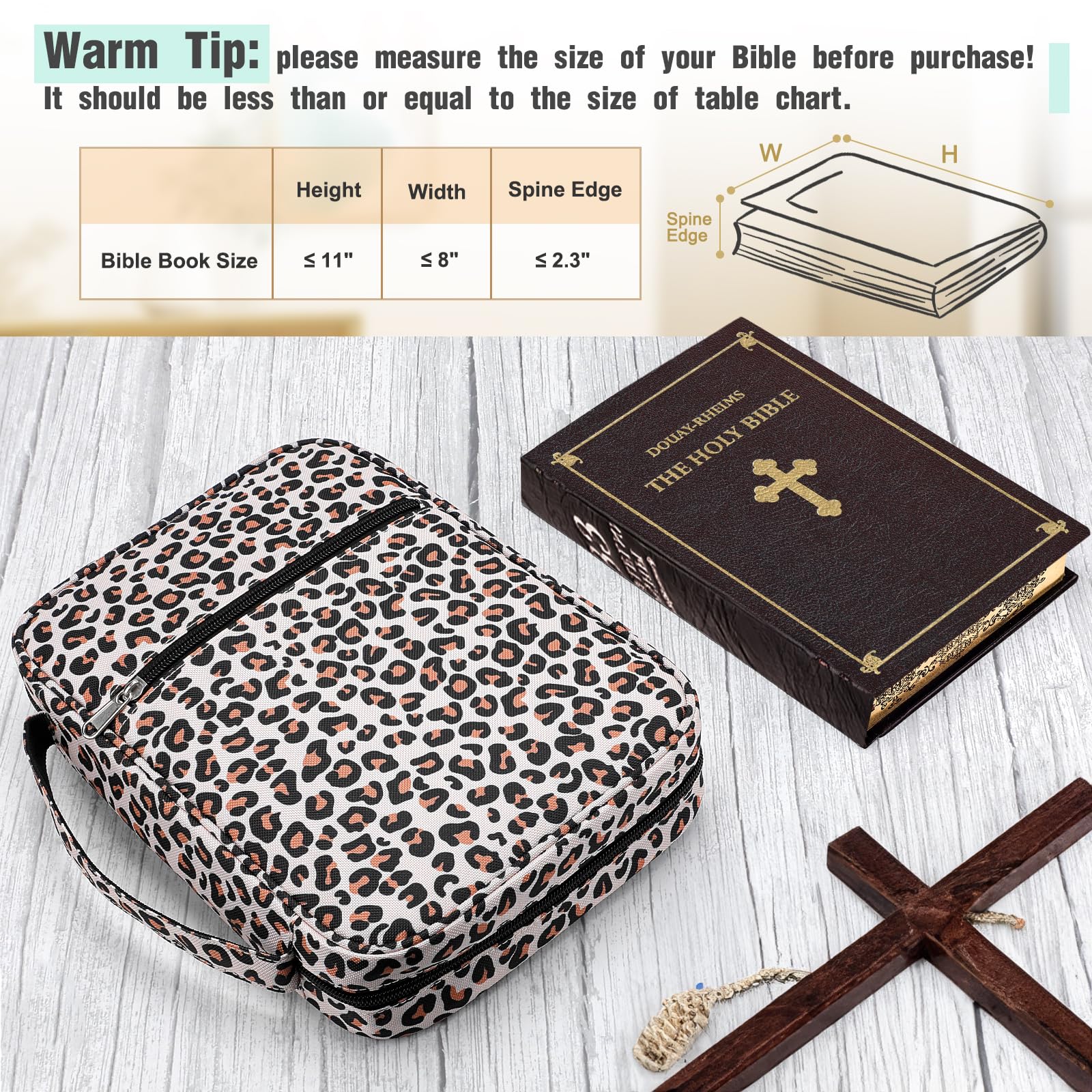 Bible Cover with Handle and Zippered Pocket - Durable Protective Book Case for Bible with 200 PCs Bible Tabs - Leopard Print Design for Men, Women, Mothers, and Girls - Perfect for Church, Travel, and Daily Bible Study