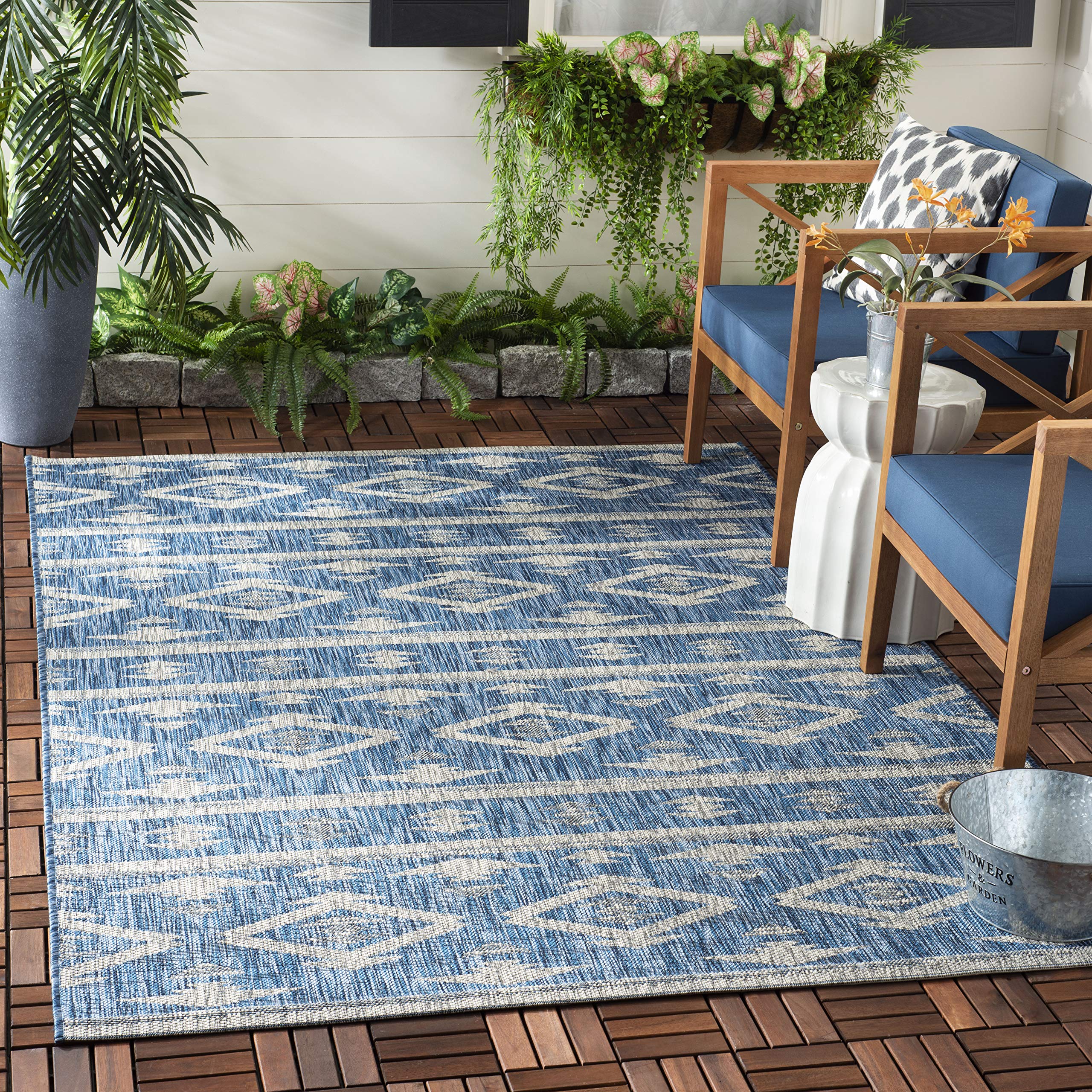SAFAVIEH Courtyard Collection 9' x 12' Navy/Grey Indoor Outdoor Waterproof Rug - Easy to Clean, Stain Resistant Area Carpet for Patio, Backyard, Mudroom, Deck & Poolside Use