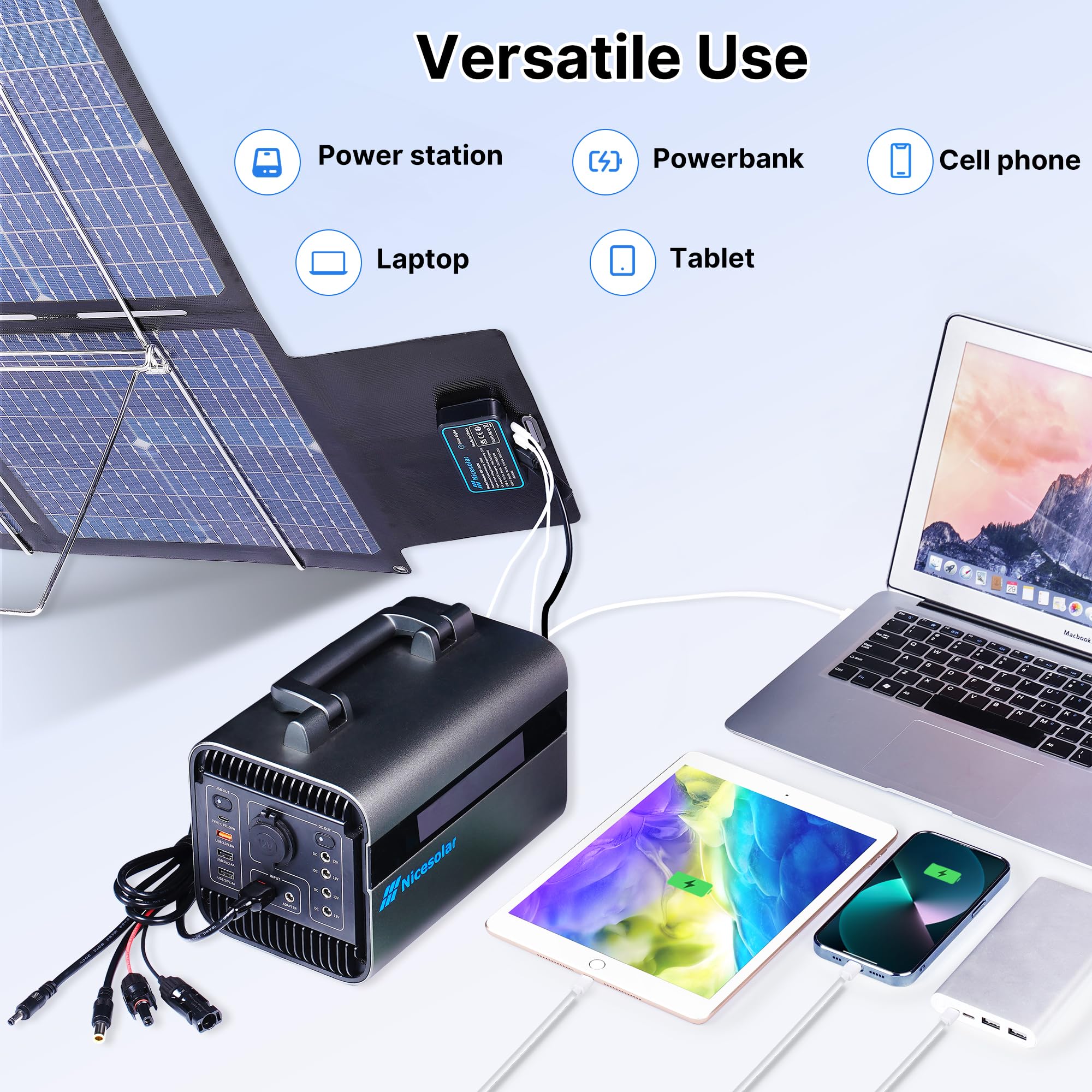 Nicesolar 200W Bifacial Portable Foldable Solar Panel Charger with USB A&C PD 65W - Compatible with Power Stations, Generators, Laptops, Smartphones, Tablets - Ideal for Outdoor Camping, RV Trips, Van Life & Emergency Power Backup