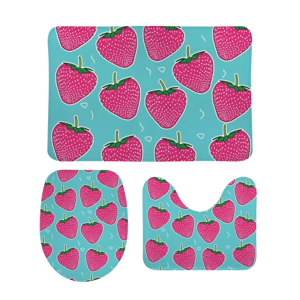 QAZPL 3-Piece Non-Slip Bathroom Rug Set - Soft Contour Floor Mats with U-Shaped Toilet Cover in Strawberry Pink & Blue | Washable Bathtub Area Rugs for Bathroom Decor & Safety