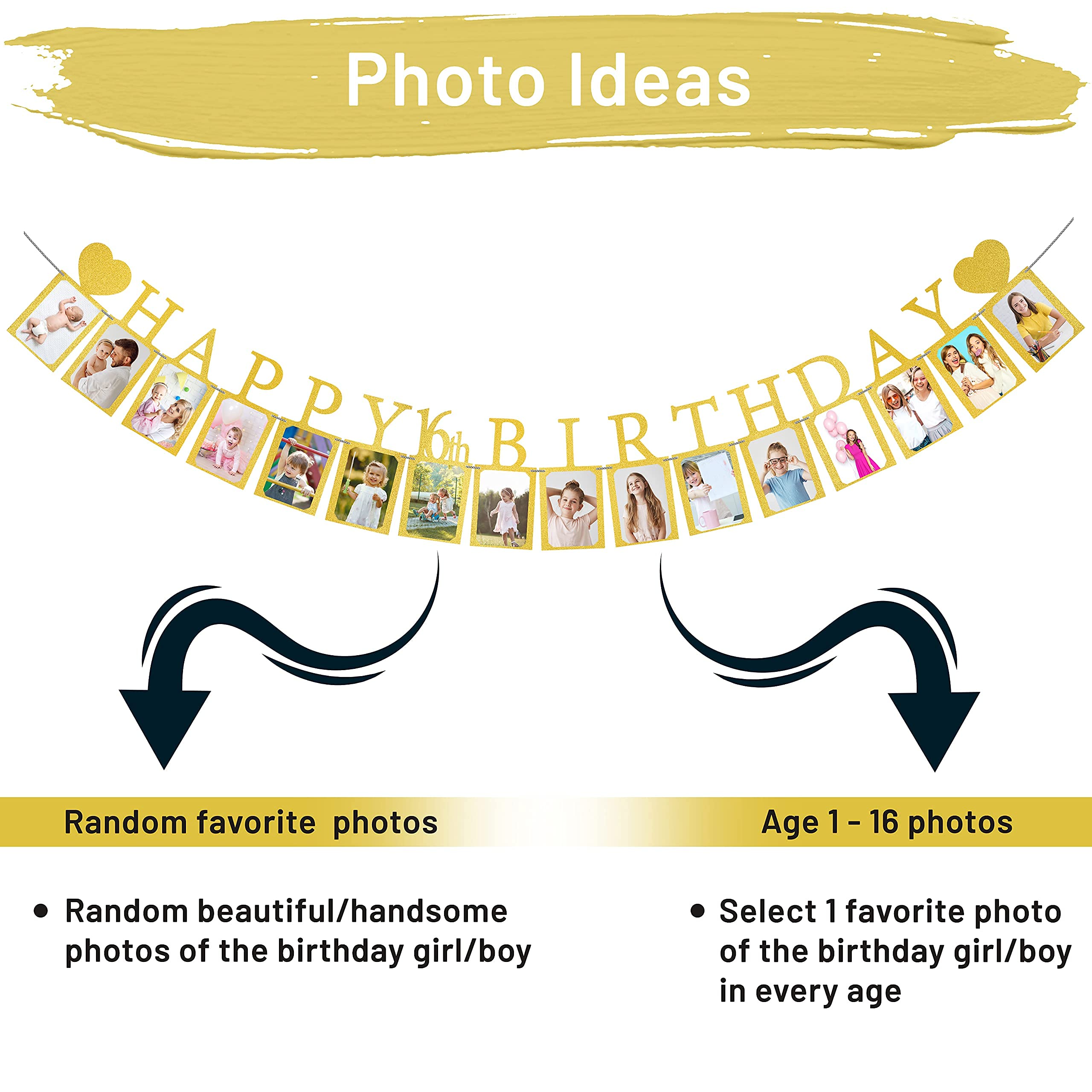 Gold Sweet 16 Birthday Banner with 6 Photo Frames - Pre-Assembled Party Decorations for Girls - Happy 16th Birthday Signs - Perfect for Sweet Sixteen Parties, Photo Booths & Milestone Celebrations