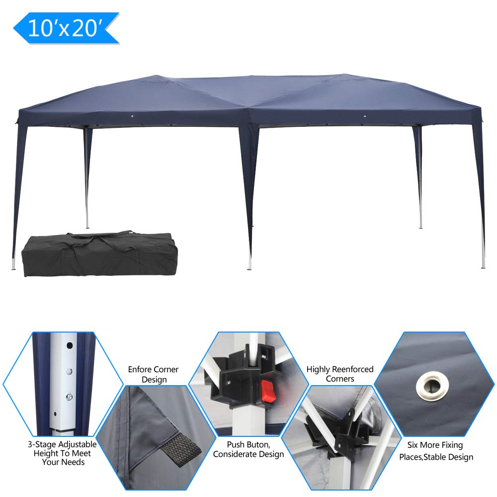 10'x20' Blue Waterproof Outdoor Gazebo Canopy Tent - Folding Wedding Party Camping Shelter, Commercial Market Stall BBQ Pavilion with Carry Bag (No Sides) - Perfect for Backyard Events, Beach Camping & Outdoor Markets