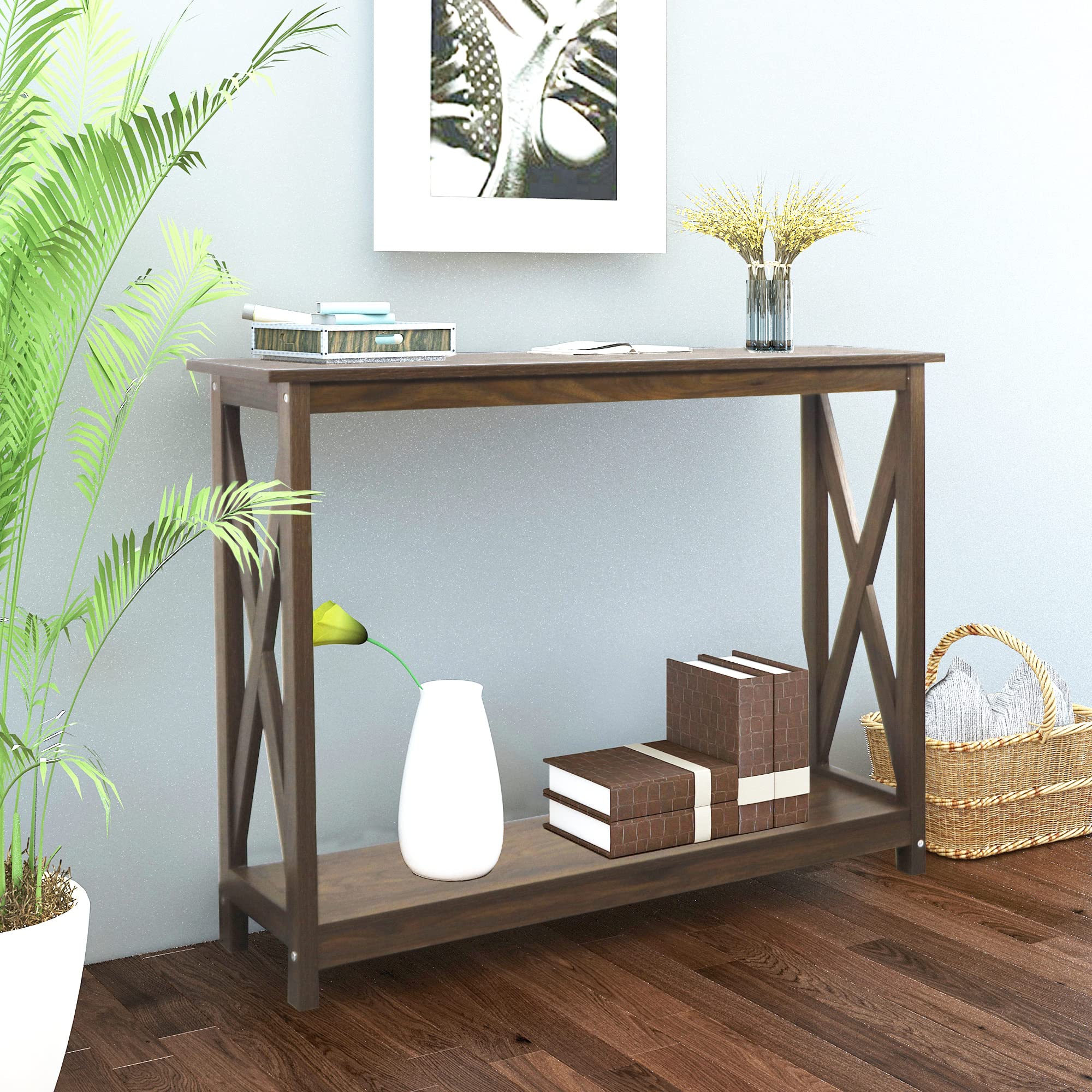 Modern Farmhouse Wood Console Table with 2-Tier Storage - 39 Inch Dark Walnut Entryway Table, Sofa Table, Hallway Accent | Perfect for Living Room, Bedroom & Entryway Decor