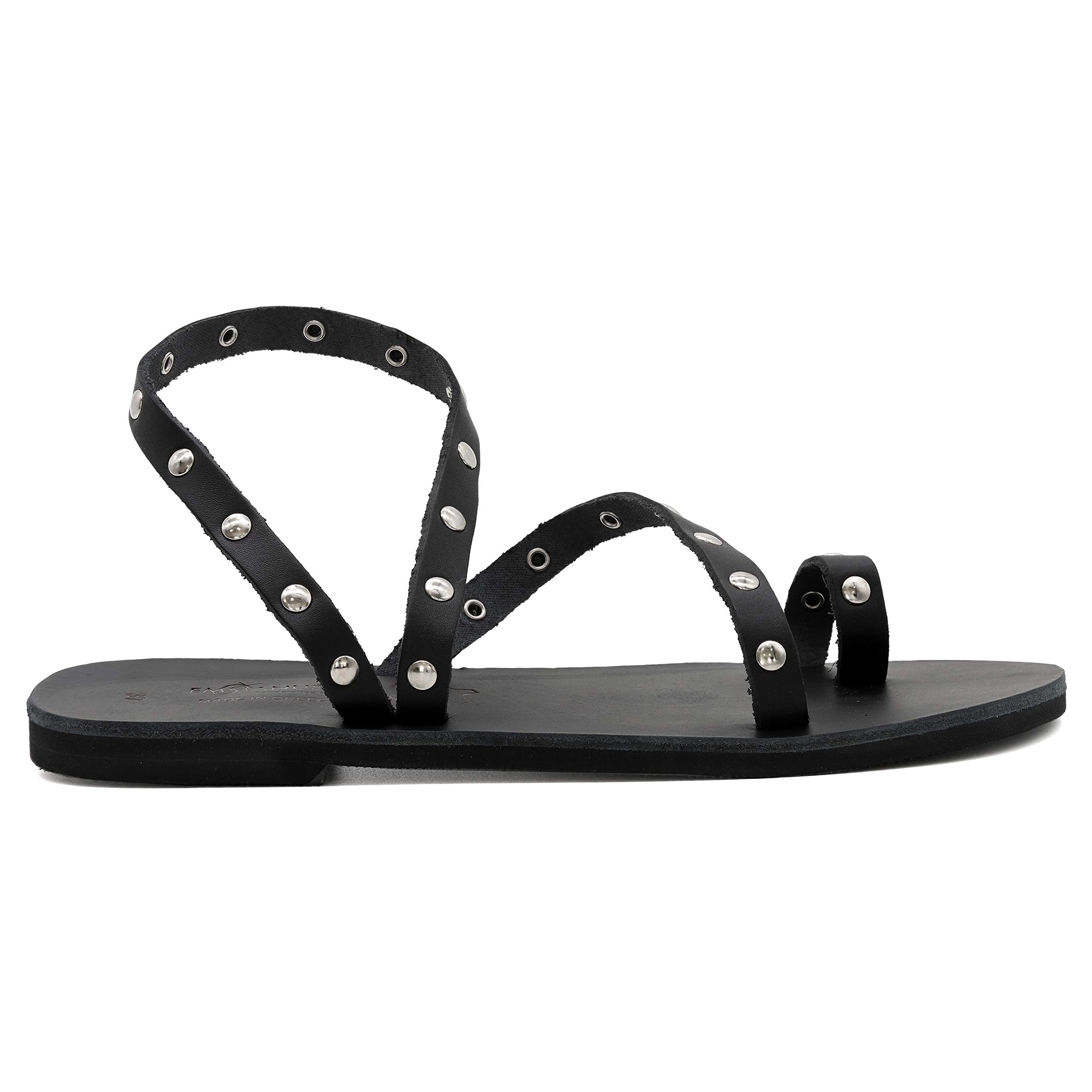 Emmanuela Women's Ancient Greek Leather Flat Sandals with Metal Studs | Handmade Boho Chic Ankle Strap Open-Toe Slip-On Sandals | Perfect for Summer, Beach, and Casual Outings