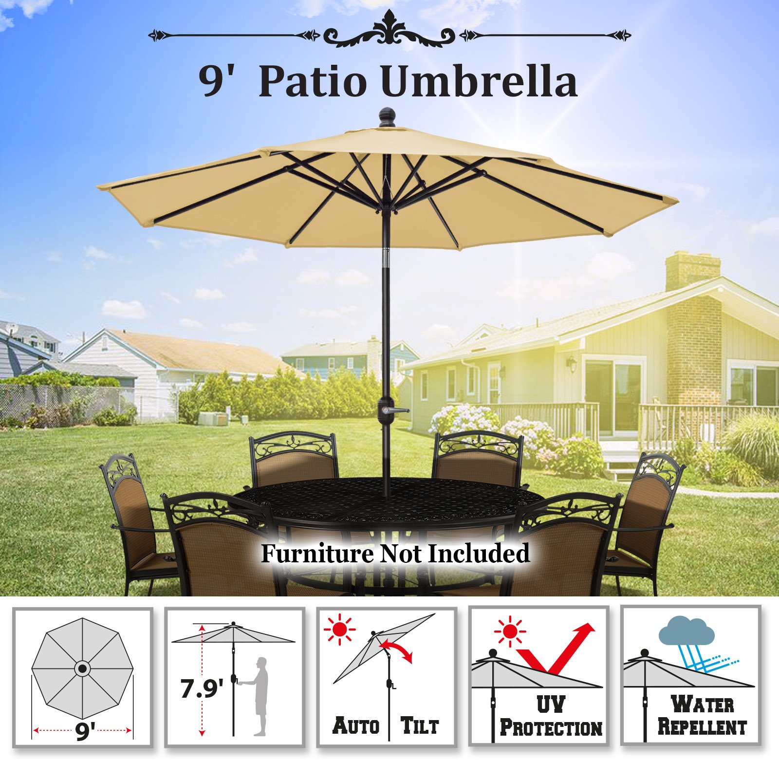 BenefitUSA 9 Ft Outdoor Patio Umbrella with Auto Tilt & Crank - Aluminum Frame, 8 Ribs & Polyester Cover (Beige) - Perfect for Poolside, Backyard, and Beach Shade