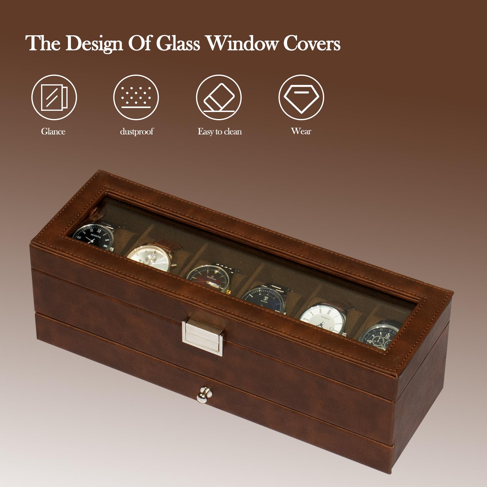 Premium 6-Compartment Watch Box with Glass Lid & Drawers - 2-Tier Jewelry & Watch Organizer for Men & Women - Perfect for Display, Storage & Travel