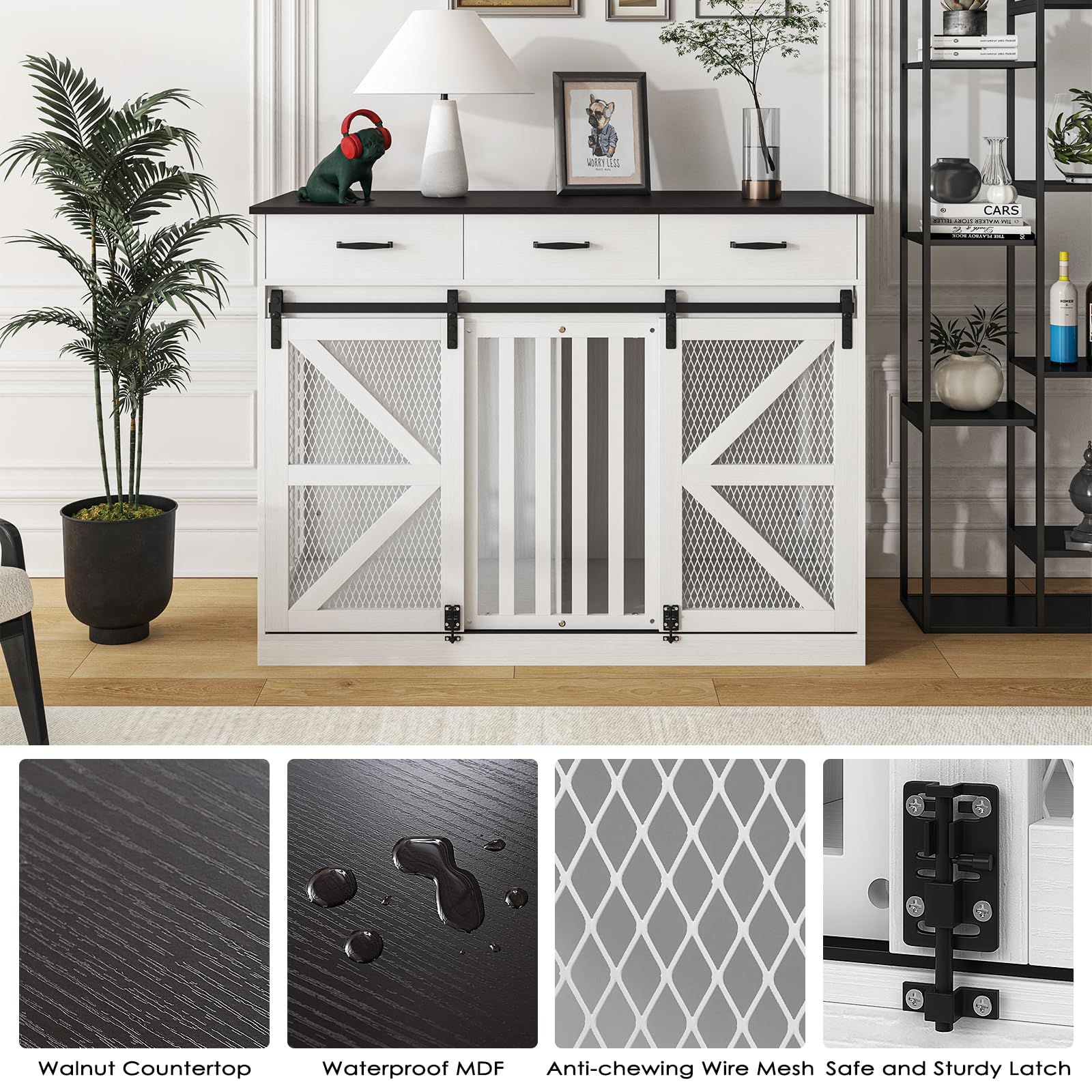 2-in-1 Farmhouse Style Wooden Dog Crate Furniture with Storage Drawers - Large Pet Kennel with Double Doors - 24