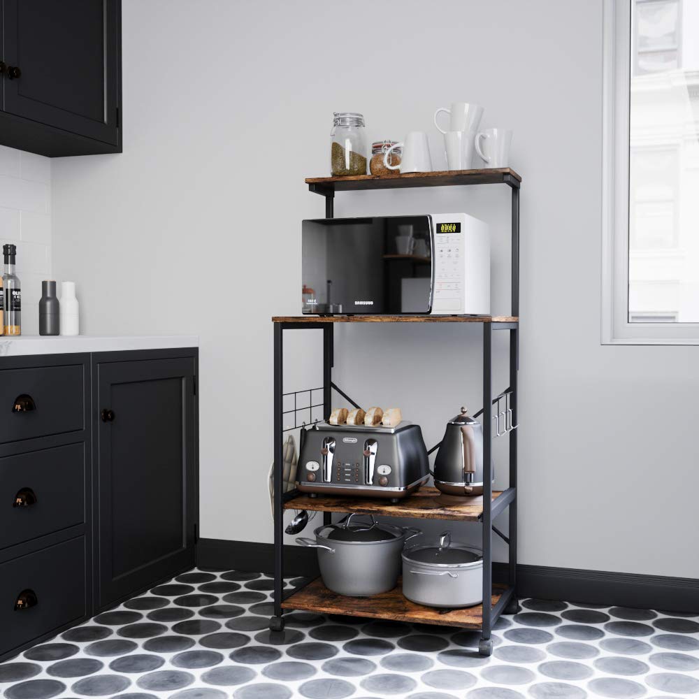 Bestier Kitchen Bakers Rack with Microwave Stand - 3-Tier Rolling Utility Cart with 10 Hooks & Adjustable Feet - Space-Saving Storage Shelf for Small Kitchens, Pantry Organization & Baking Supplies Storage
