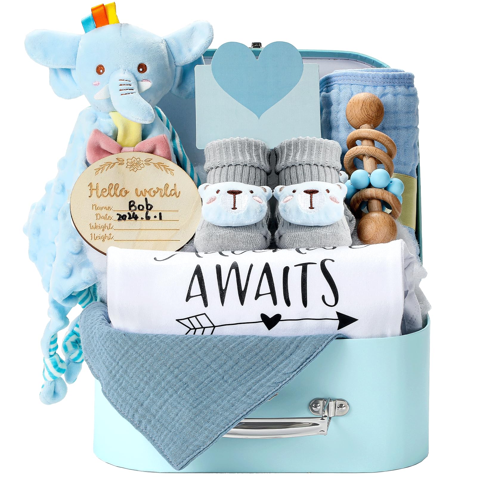 Premium Baby Gift Set for Newborns - Blue Baby Shower Gift Basket with Rattle, Muslin Towel & Security Blanket | Perfect Gender Reveal Gift for Baby Boys & Girls | Ideal for Newborn Showers, Christenings & First Birthday Celebrations