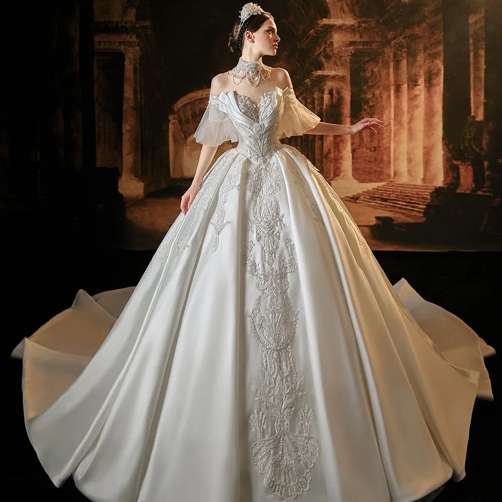 Elegant Satin Wedding Dress with Short Sleeves & Boat Neck | Lace-Up Back with Bow | Perfect for Beach Weddings, Vow Renewals & Romantic Ceremonies