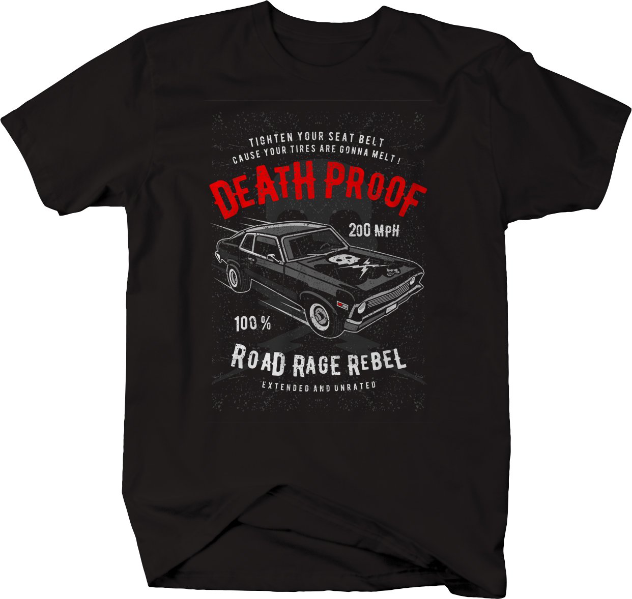 Vintage Skull & Lightning Bolts Muscle Car Racing T-Shirt - Death Proof Distressed Design, XLarge Jet Black - Perfect for Bikers, Car Enthusiasts & Retro Fashion Lovers