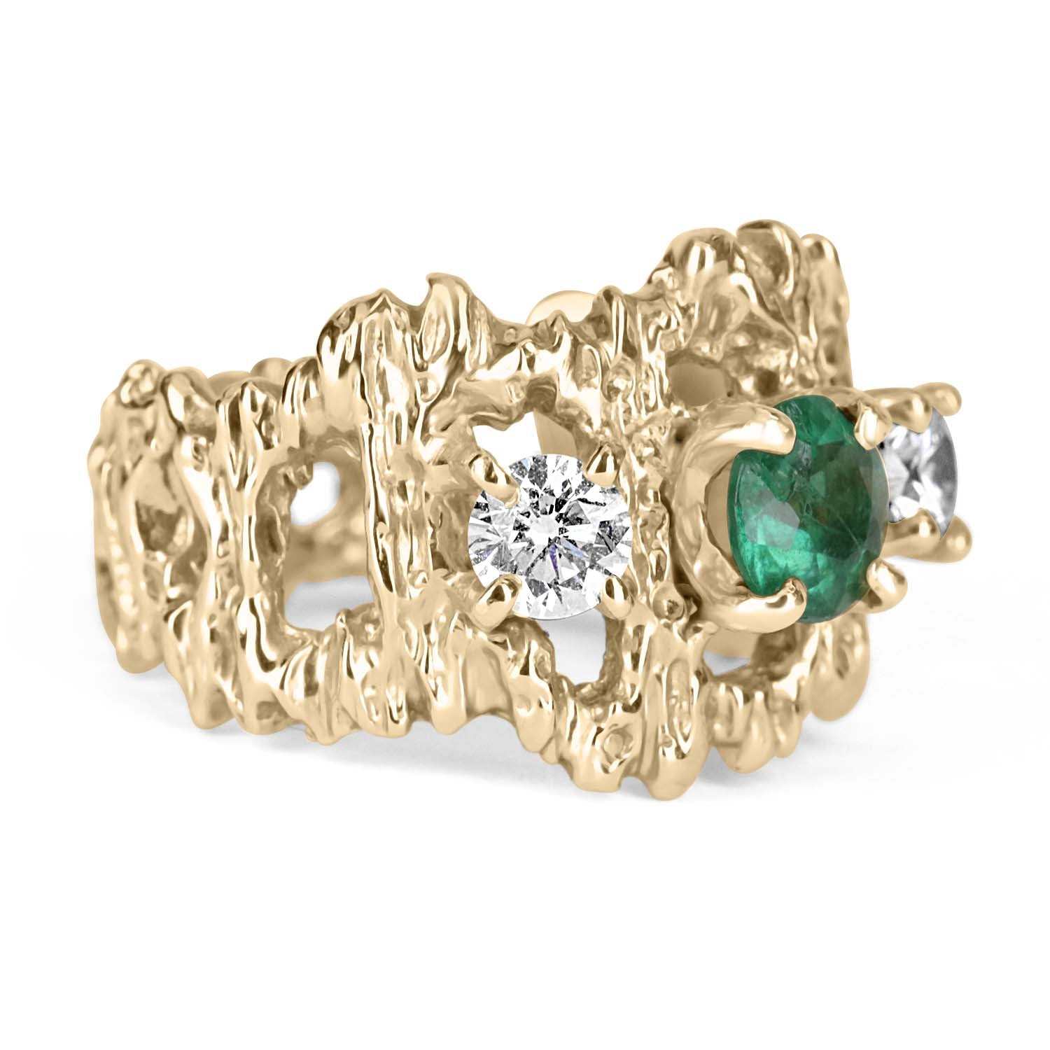 1.54tcw Natural Deep Green Round Emerald & Diamond Handmade Nugget Ring in Solid 14K Gold - Perfect for Weddings, Anniversaries & Special Occasions