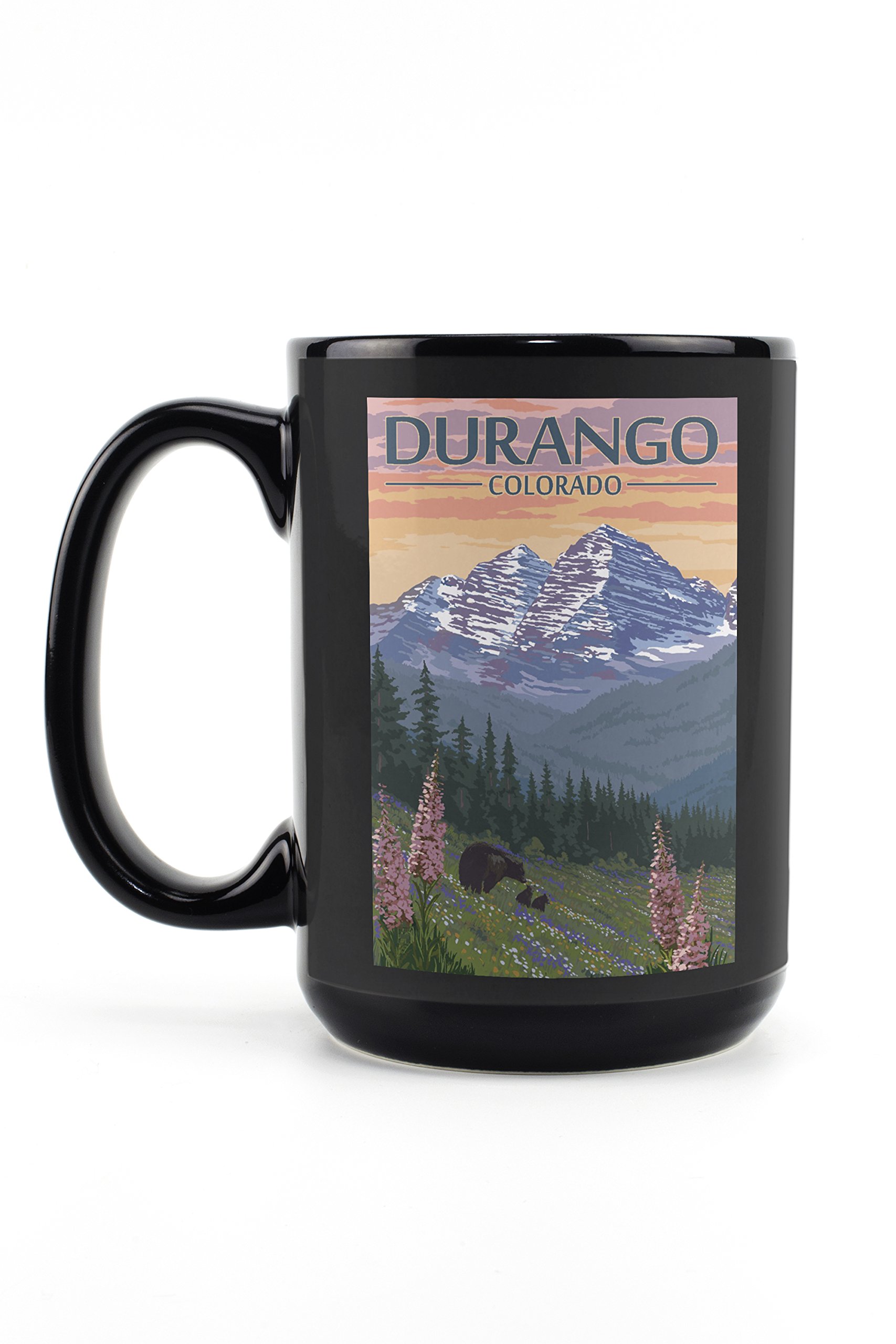 Lantern Press Durango Colorado Bears and Spring Flowers 15oz Black Ceramic Coffee Mug - Microwave & Dishwasher Safe - Perfect for Home, Office or Camping Use