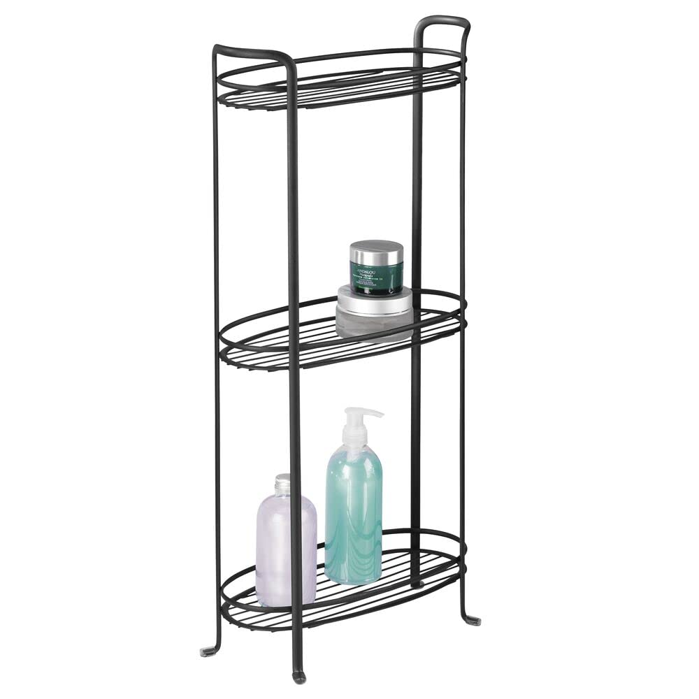 mDesign 3-Tier Vertical Bathroom Shelf Organizer - Black Metal Storage Tower with Baskets for Towels, Toiletries & Soap | Space-Saving Bathroom Decor for Small Spaces & Apartment Living