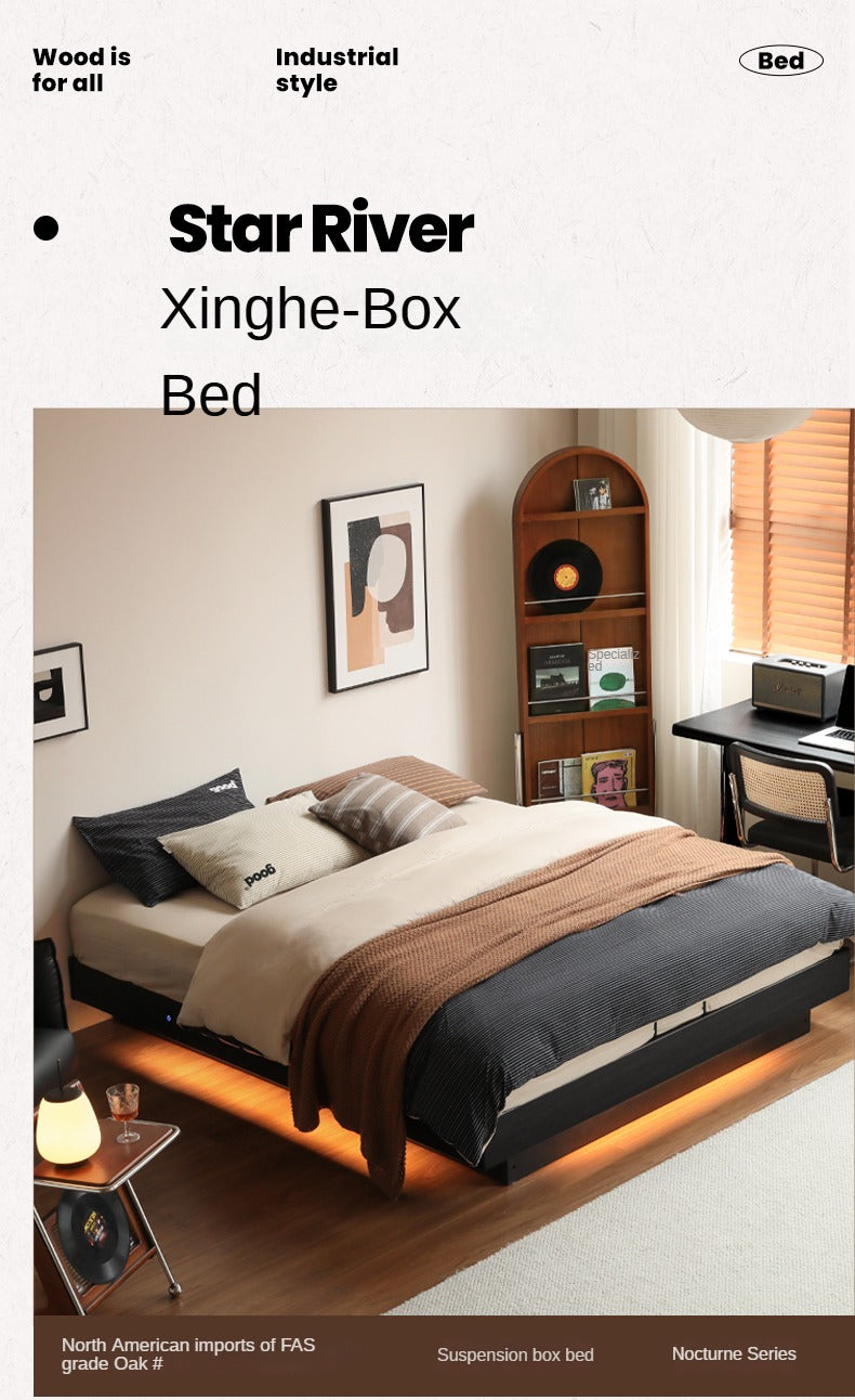 Solid Oak Wood Floating Box Platform Bed Frame - No Headboard Modern Minimalist Design for Bedroom, Guest Room, or Studio Apartment