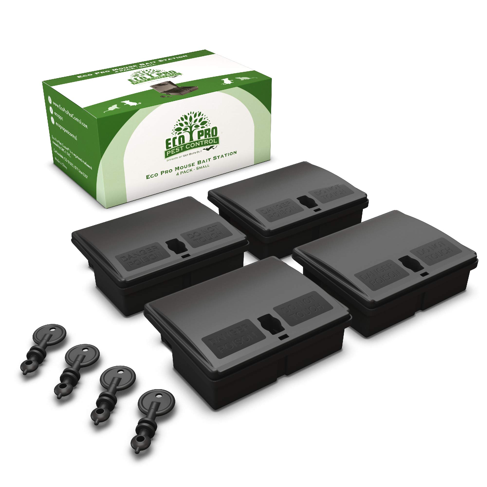 Eco Pro Pest Control Mouse Bait Station 4-Pack - Indoor Outdoor Rodent Control with Lock & Key | Child & Pet Safe Mouse Trap Alternative | Effective Mouse Killer for Home, Garage, Basement & Garden Use (Bait Not Included)