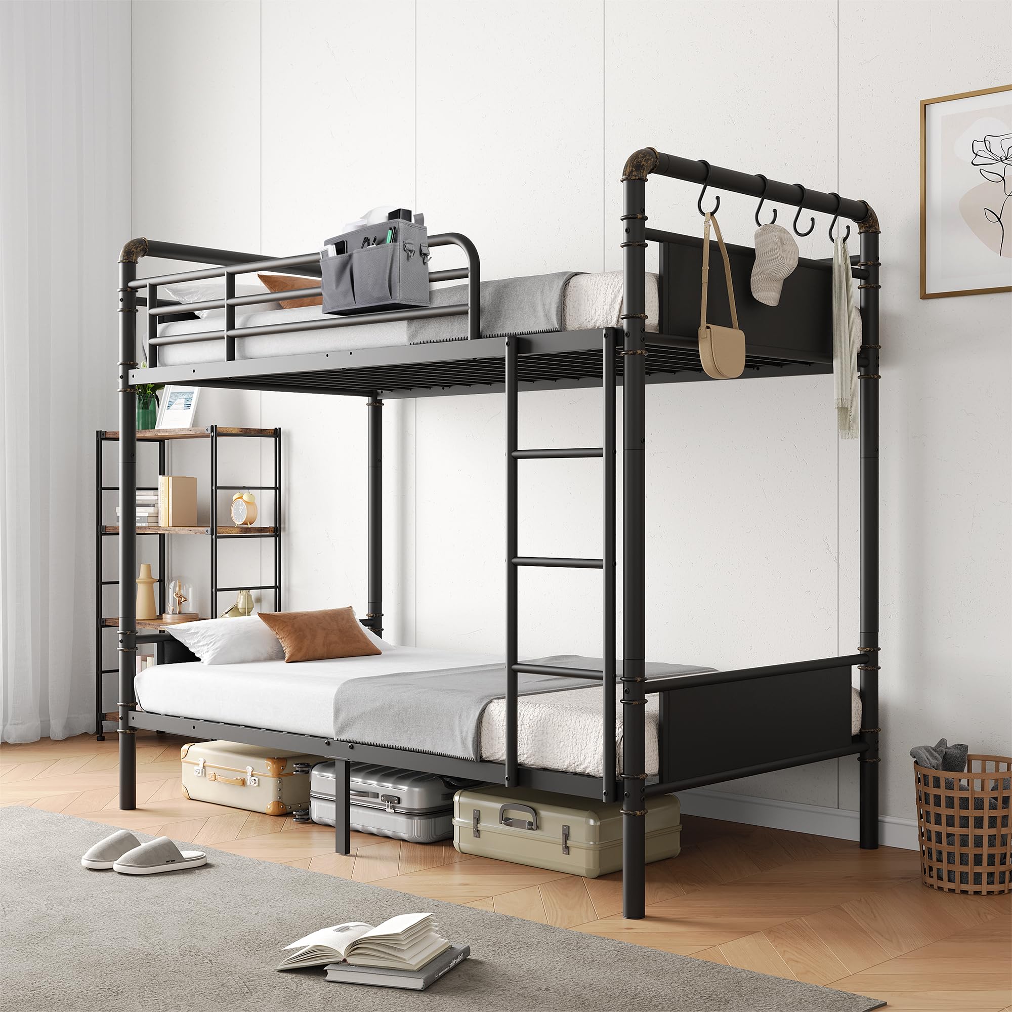 Industrial Metal Bunk Bed Twin Over Twin - Heavy Duty Steel Bunkbeds with Safety Guard Rails | Space-Saving Design for Small Bedrooms, Dorms & Kids Rooms | Black Leather Finish