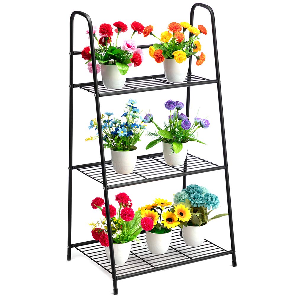 DOEWORKS 3-Tier Metal Plant Stand - Black Ladder-Shaped Storage Shelf for Indoor & Outdoor Use | Multi-Purpose Organizer for Plants, Shoes & Home Decor | Perfect for Living Room, Patio & Garden Decor