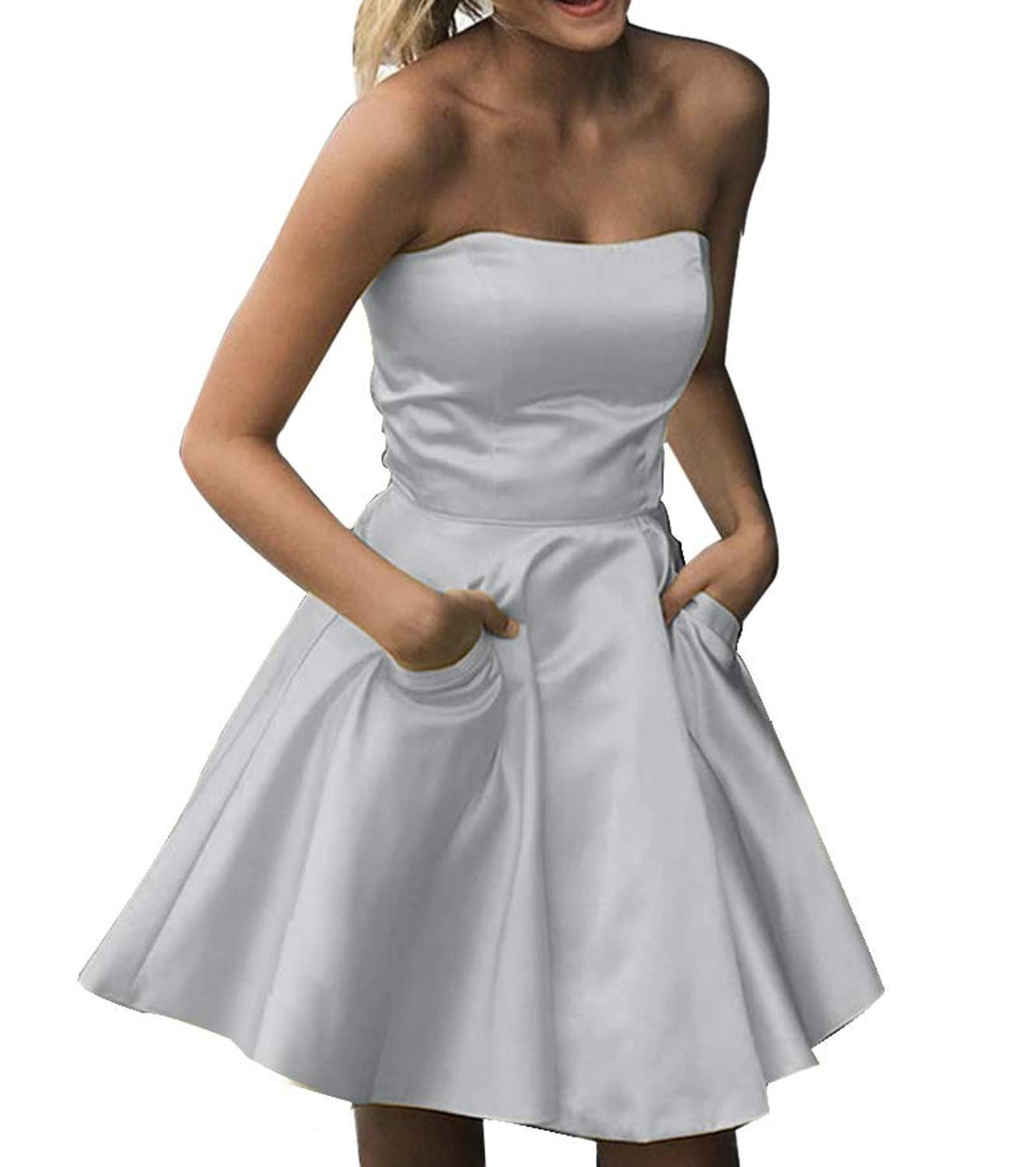 TANPAUL Strapless Short Prom Dress for Juniors - Satin Homecoming Dress with Pockets | Perfect for School Dances, Parties & Special Occasions