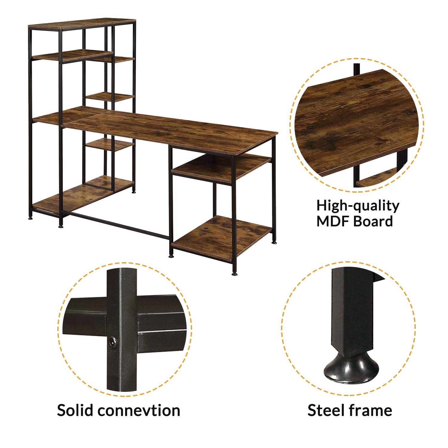 Modern Large Writing Computer Desk with Multiple Storage Shelves - Home Office Desk with Host Stand, Brown | Perfect for Remote Work, Study & Gaming Setup