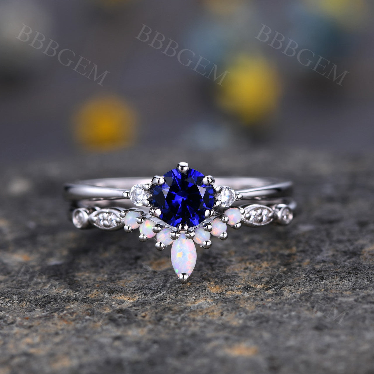 Sapphire Selene Diamond Ring & Opal Stackable Band Set – 2-Piece Wedding & Anniversary Jewelry for Women | Perfect for Bridal, Engagement, and Special Occasions