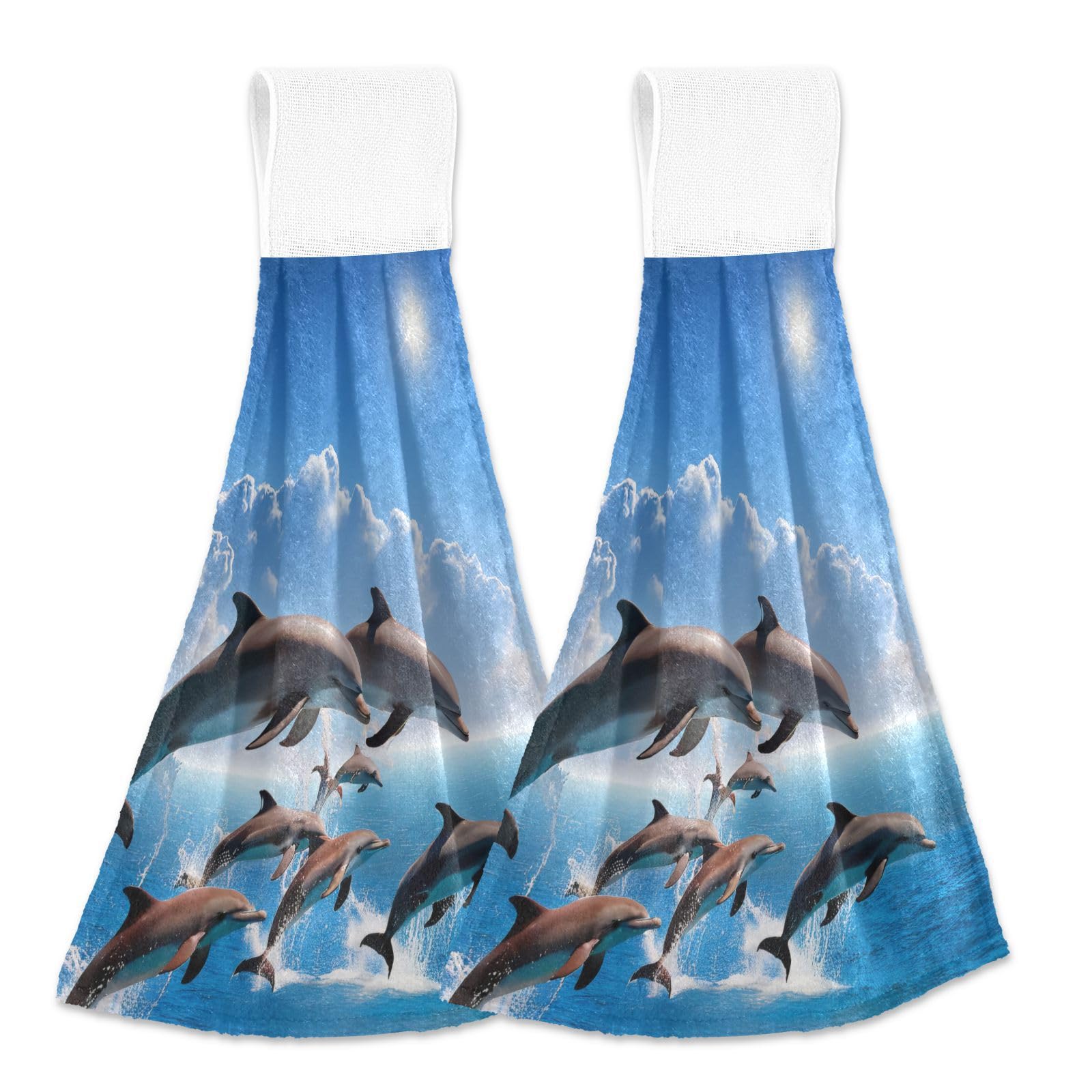 ATTX Set of 2 Blue Ocean Jumping Dolphins Hanging Kitchen Towels - Super Absorbent Soft Coral Velvet Dish Cloths for Kitchen & Bathroom - Perfect for Drying Dishes, Wiping Countertops, and Hand Drying
