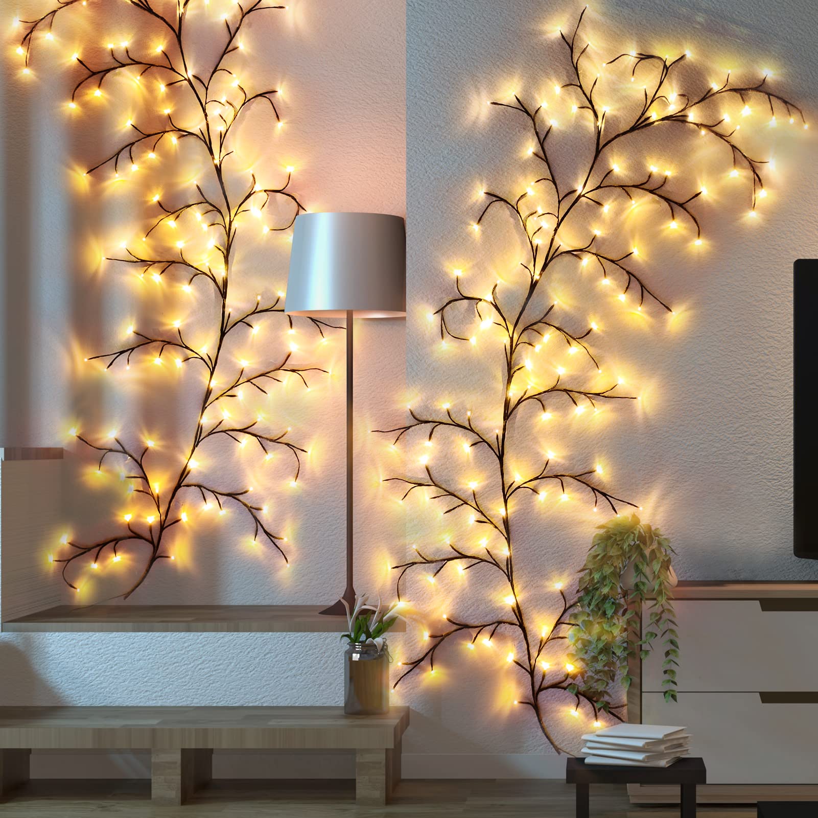 8FT Willow Vine Lights with Remote - 144 LED Fairy Lights for Indoor Wall Decor, Christmas Tree Branches, Enchanted Garden & Bedroom Lighting (1PCS) - Perfect for Home, Party & Wedding Decorations