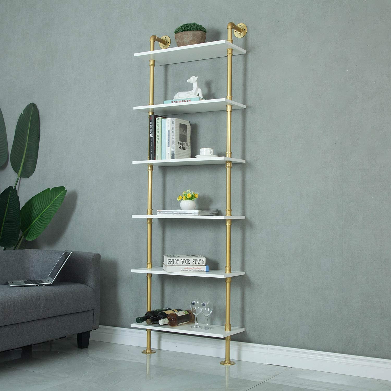 GGO Industrial 6-Tier Pipe Shelves - Rustic Wood Ladder Bookshelf Wall Mounted Storage Shelf for Living Room, Bedroom & Office Decor (Gold) | Perfect for Organizing Books, Plants & Home Accessories
