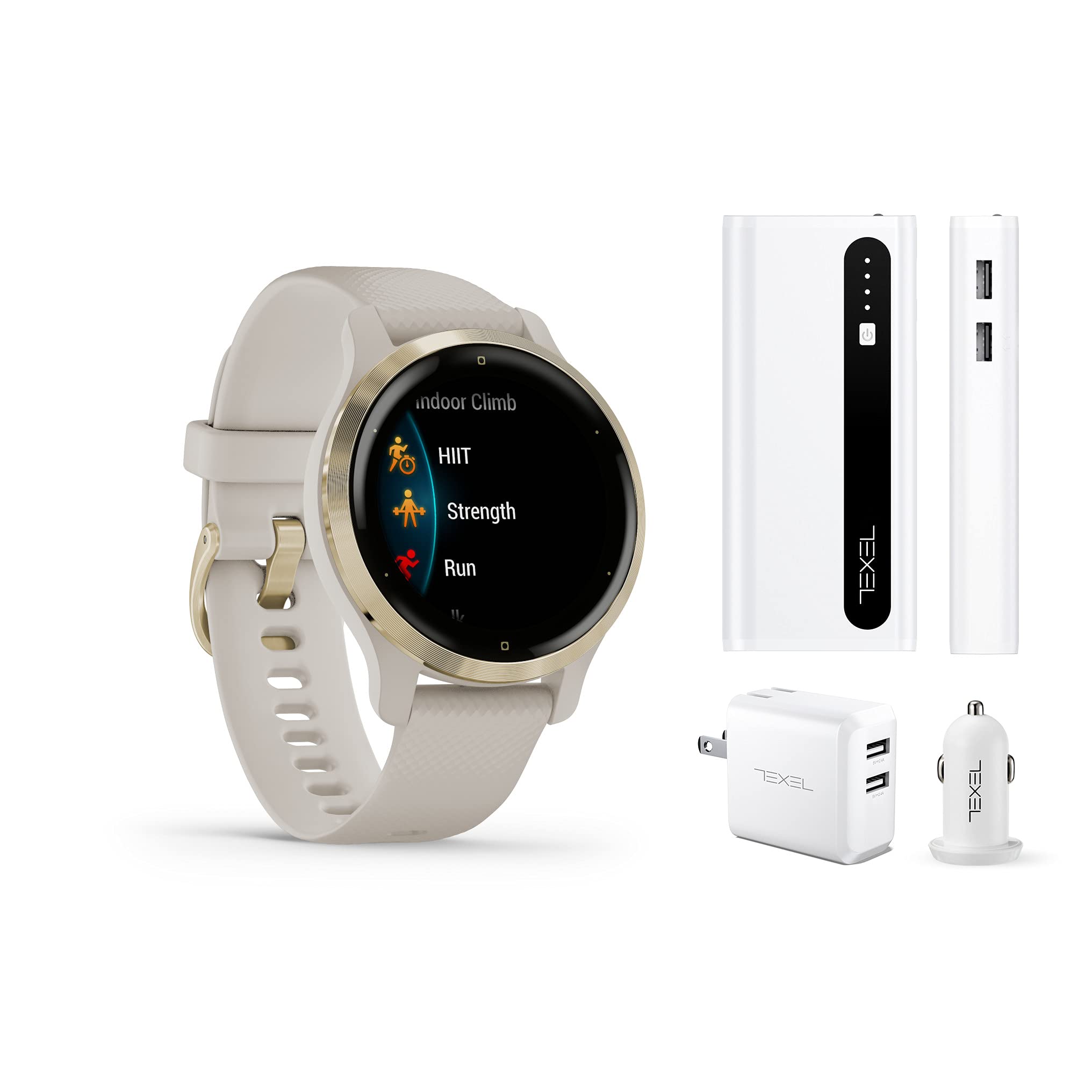 Garmin Venu 2S GPS Smartwatch with Advanced Health Monitoring - Light Sand & Gold Hardware (010-02429-01) + Texel 10,000mAh Portable Charger Bundle with Wall & Car Adapter - Perfect for Fitness Tracking, Outdoor Activities & Travel Charging