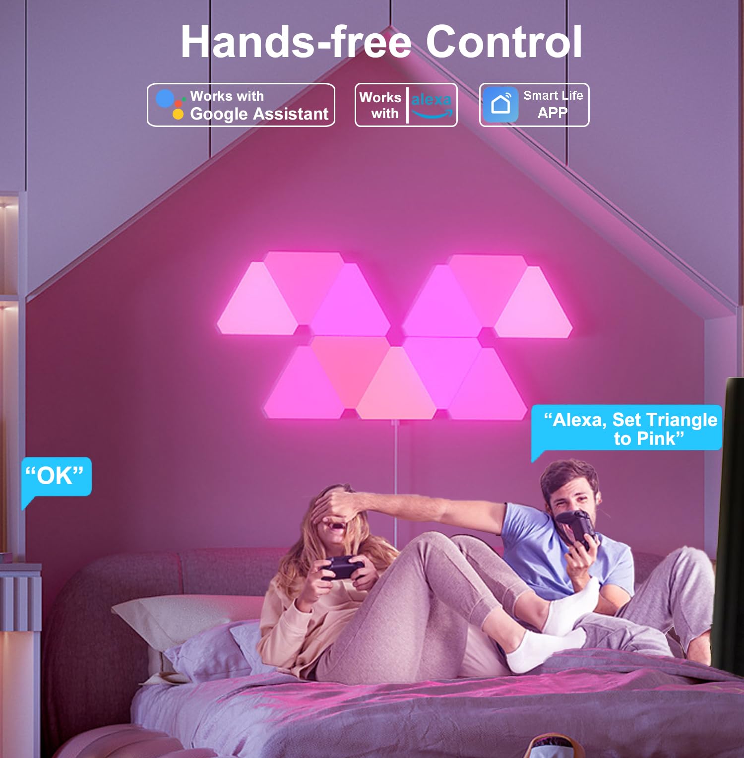 RGB Triangle LED Wall Lights for Gaming Room & Bedroom - 12 Pack Smart Home Light Panels with Alexa & Google Assistant Compatibility - APP/Voice/Remote Control, Music Sync Lighting for Gaming Setup, Home Theater & Party Decor