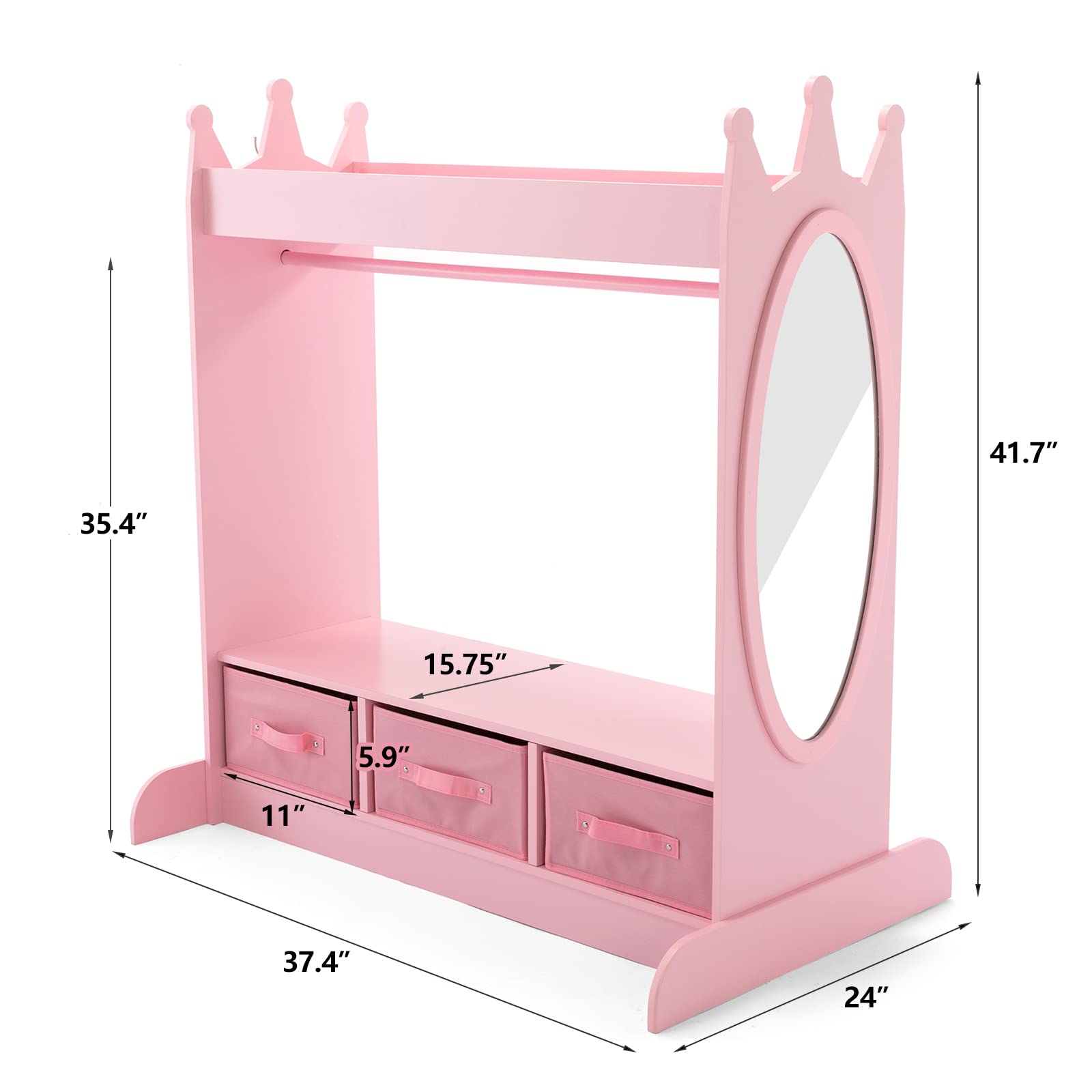JOYLDIAS Kids Dress Up Storage Organizer with Mirror and 3 Drawers, Pink Playroom Wardrobe for Girls - Costume Closet with Side Pockets & Top Shelf | Perfect for Bedroom, Nursery & Pretend Play Areas