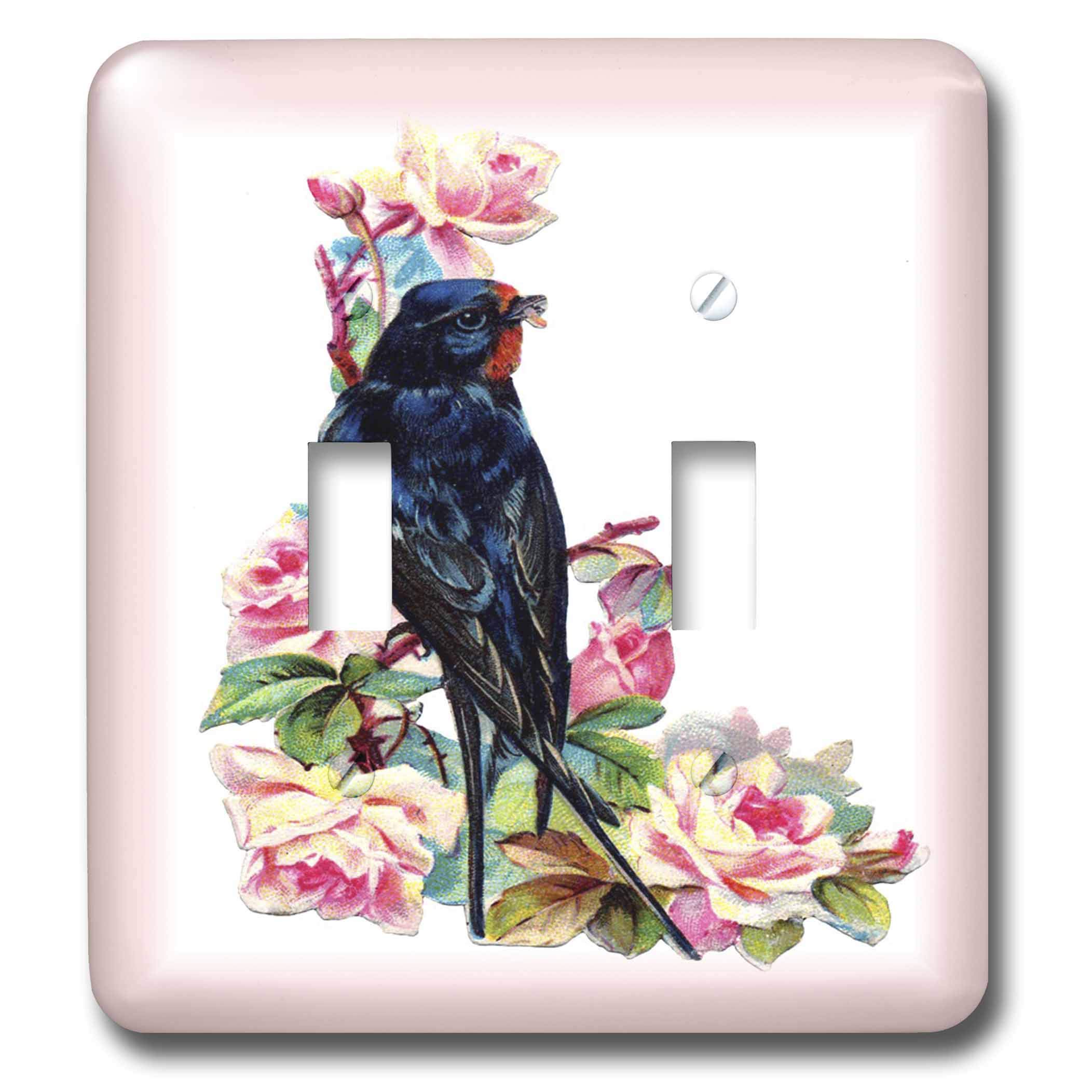 3D Rose Bird and Roses Double Toggle Switch - Blue/Pink Decor Wall Plate for Home, Bedroom, Nursery, or Office Decoration