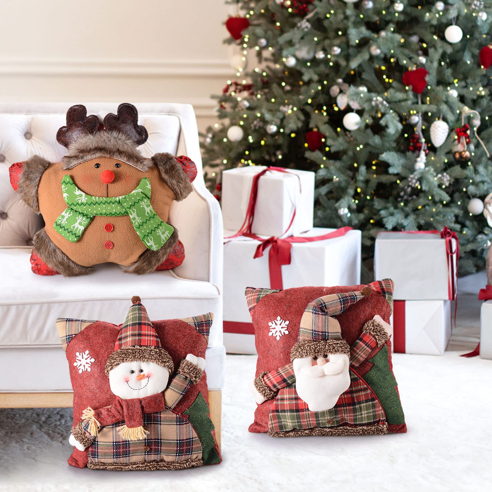 Christmas Pillow Cover - 3D Santa Snowman & Elk Decor, Washable Holiday Cushion for Sofa, Living Room, Bed, Car - Festive Home Decor for Xmas Gifts & Winter Celebrations
