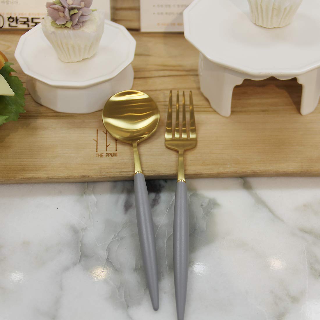 Premium 18/10 Stainless Steel Flatware Set - 4-Piece Bogen Eiffel Dinnerware Cutlery with 2 Soup Spoons & 2 Dessert Forks (Gold/Grey Matte Polycarbonate) - Elegant Tableware for Fine Dining, Wedding Gifts & Home Entertaining