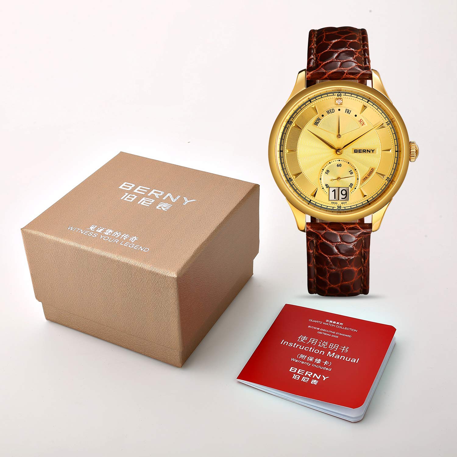 BERNY Top Luxury 18K Gold Men's Swiss Quartz Watch - Elegant Dress Watch for Business, Formal Events & Special Occasions
